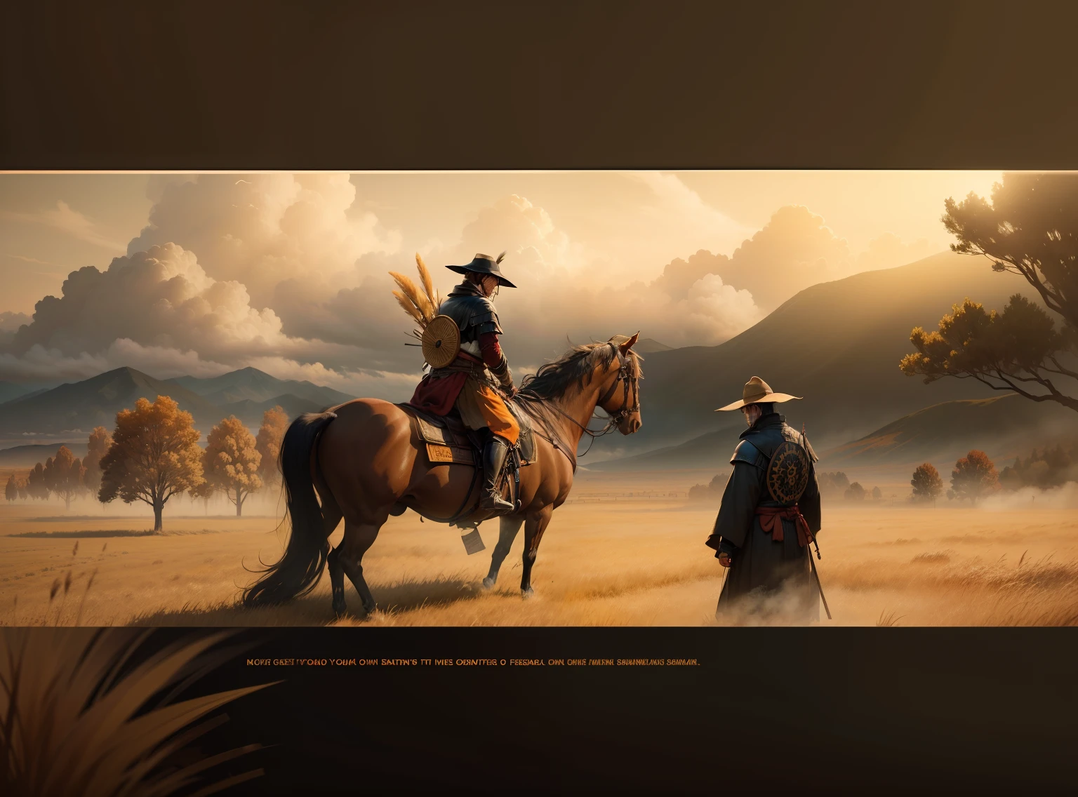Opening Scene, Ghost of Tsushima, Akira Kurosawa, extreme long distance shot black Japanese Samurai rides war horse across open immersive pampas grass fields, dawn, yellow golden leaves, red, orange of autumn, pampas grass, lakes, rivers, billowing clouds over a blustery autumn day, mist dark horizon, areas of clearing, in open fields 24k resolution hyper detail photo realism ink and oil paint in the style of Jason Connell.