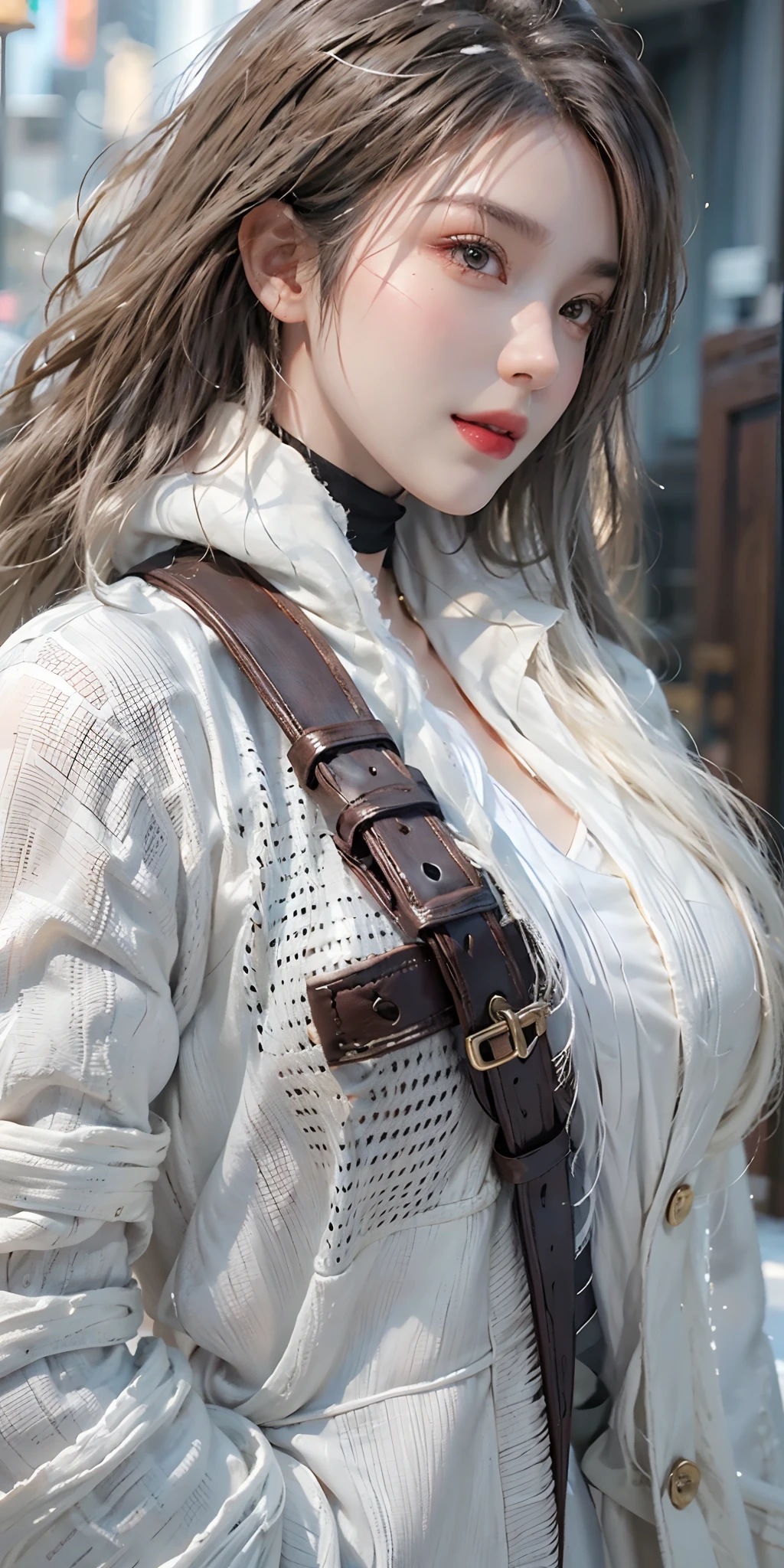 photorealistic, high resolution, soft light,1women, solo, hips up, shining skin, (detailed face),tattoo, jewelry, winter wear, coat, snow, white hair, wavy hair, Beautiful Soldier, Eyes That Invite Viewer, Lover's Perspective, Inviting Expression, Sexy Smile, Perfect Style, Perfect Balance, Detailed Skin, Naughty Gaze, Chest Visible