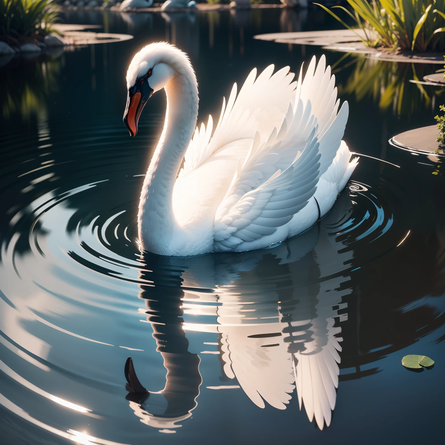 There is a swan seeing his reflection in the water, close up