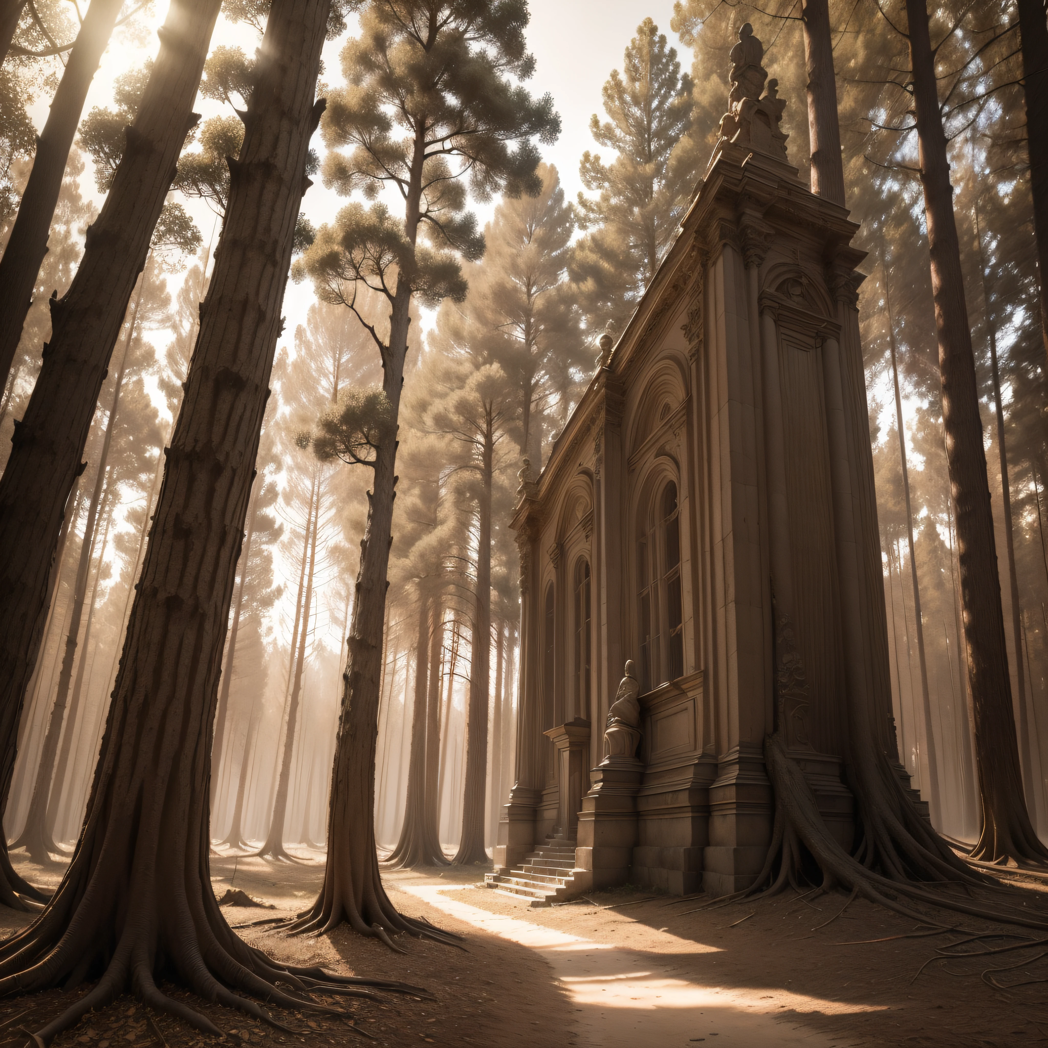 (extremadamente detallado, obra maestra, La mejor calidad, Tono sepia) bosque enorme, Trees with a human face, ruinas. Daytime Lighting.