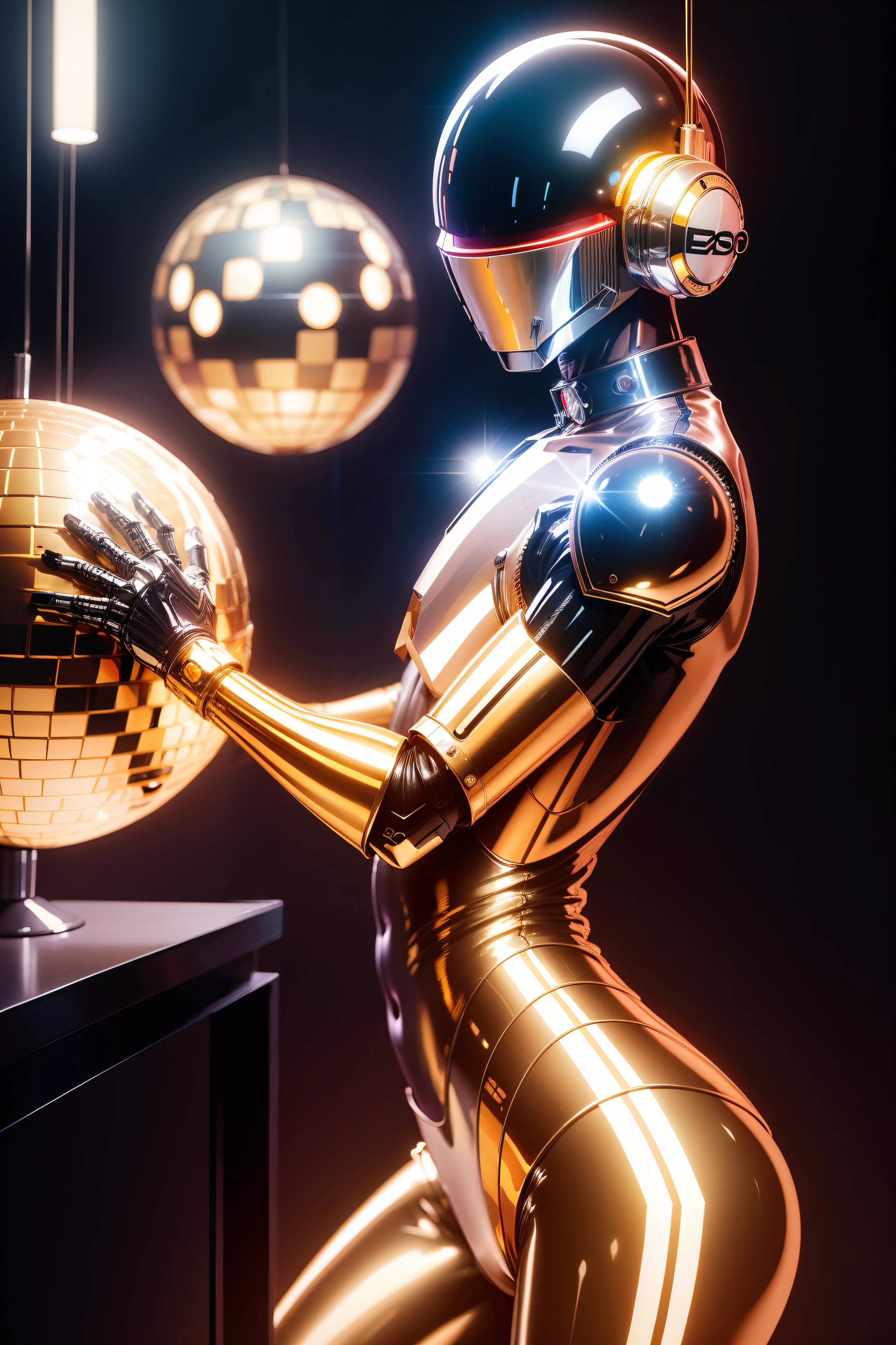 1boy, robot holding disco ball, sex, estilo do daft punk, sorayama style,