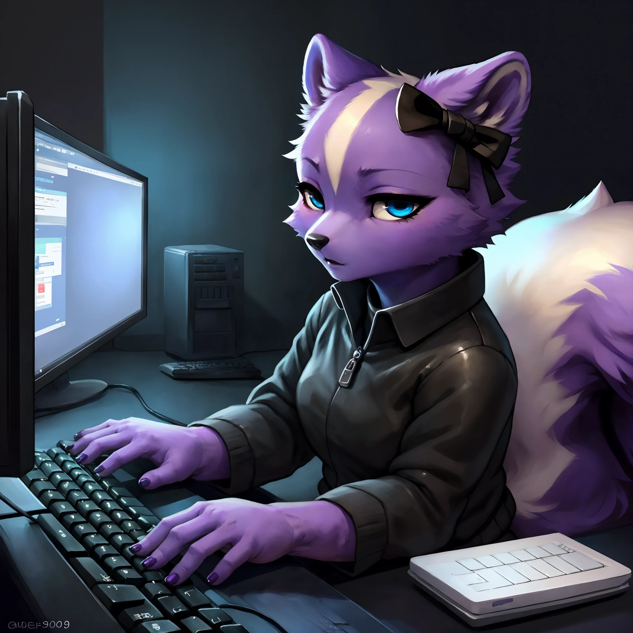 by gudlmok99, by sleepiness18, Shikabane, feminine, cute female purple furry skunk,cute ears, black goth jacket, sitting at a computer desk typing on a keyboard, a computer screen in front of her, close up, jitome:1.1, neutral expression, raised eyebrow, in a very dark room, lights off, luminous blue eyes, black bows in her hair, cute skunk tail, good anatomy, highly detailed, looking at viewer