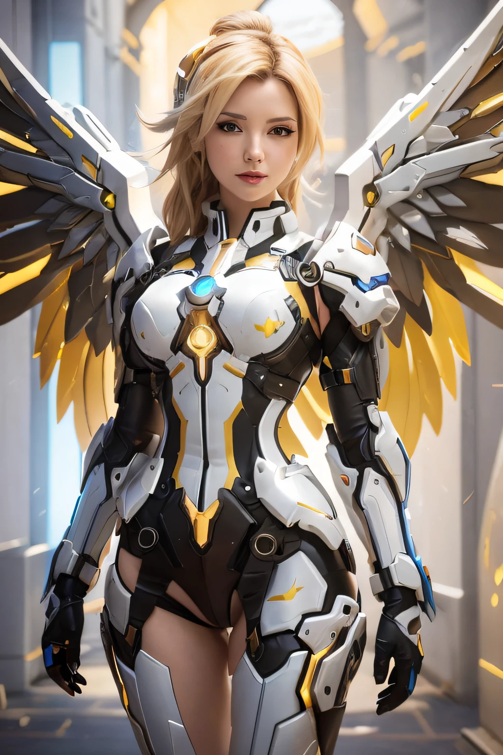 a close up of a woman in a costume with wings, mercy from overwatch game (2016), mercy ( overwatch ), beautiful cyborg angel girl, angel knight girl, mercy from overwatch, by Yang J, as overwatch character, angelic golden armor, mechanized valkyrie girl, futuristic robot angel, from overwatch, echo from overwatch, extremely detailed artgerm