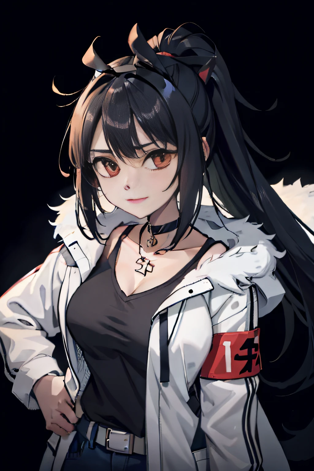 blacksilk,Long hair, Black hair, Messy hair, red highlights,choker necklace,High ponytail,Earphone,F cover,cropped shoulders,wind coat,backpacks,arm guards,huge tit,Headsets,balmy,Side breasts,dishiveredhair,arm guards,arm belt,obi strip,belt,Pocket,Call the device,Cross necklace,head gear,Black gloves,big headphone,Strap headphones,Strap,Pocket,Headbands,Issuing,athletic sneakers,lowerbody,standing on your feet,show legs,denim pant