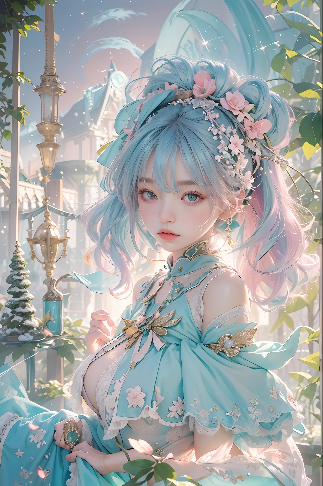 best qualtiy,tmasterpiece,超高分辨率,(Fidelity:1.4),(Ultra photo realsisim), (A high resolution), (8K),1girll,(Fluorescent color:1.4),(semi transparent:1.4),(retro filters:1.4),(fanciful:1.4),Candy World Disneyland,Ethereal soft fluffy and soft landscape,Forest snowman,Pastel pink sky,Green and blue luster,Ethereal light pastels, Whimsical brilliance,Rainbow star diamond sparkling gemstone,The background is super realistic、ultra-quality cinematic lighting,huge detail,full HD painting,The painting is well lit,