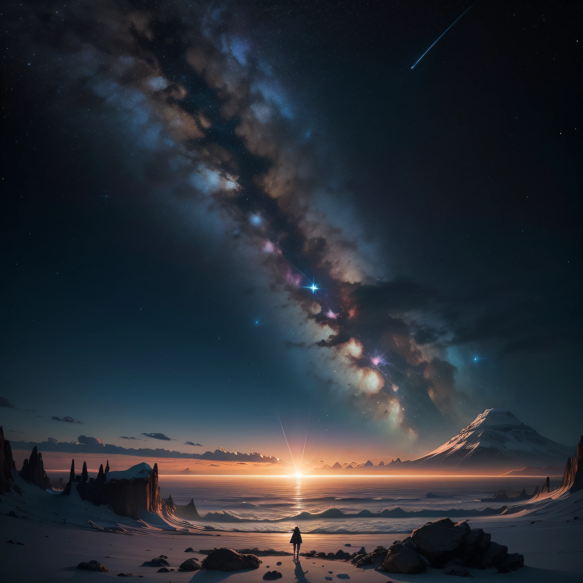 "Por favor, generate an image that represents the essence of a rebellious star that fell to Earth in search of redemption. Imagine a magical night scene. No centro da imagem, uma estrela brilhante e luminosa, envolta em tons de azul profundo e prata cintilante, hovers in the starry sky. Its soft light contrasts with the surrounding darkness, criando uma atmosfera misteriosa e cativante. The star is surrounded by delicate and bright features reminiscent of the constellations. These traces extend smoothly across the sky, conectando-se a outras estrelas, como se estivessem tecendo um caminho celestial. No horizonte, a Terra se estende, representada com suas maravilhas naturais: montanhas majestosas, florestas exuberantes e oceanos serenos. The star is falling, its light dimming as it approaches the earth's surface. The scene captures the thrilling moment of the rebel star embracing its destiny and plunging into Earth to find redemption. A paleta de cores, incluindo os tons de azul, prata, e toques suaves de verde e dourado, highlights the duality between heaven and earth, The journey of transformation and the search for forgiveness and renewal. The image conveys a sense of hope and magic, inviting viewers to reflect on second chances and the beauty of a fresh start."