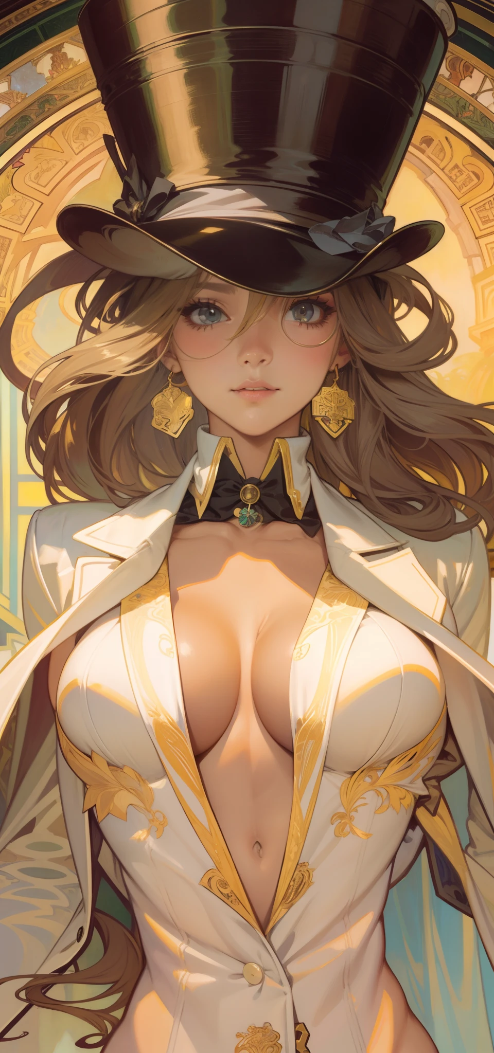 beautiful lady, Alphonse Mucha's style、Top hat、tailcoat, Jacket, tiese, monocle, light reflections, Oil painting, voluminetric lighting,nakeness,比基尼,Bigchest,big breasts thin waist,long leges,Camel toes