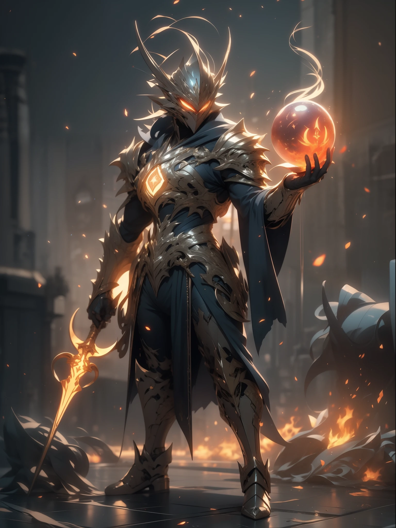 Mago fantasma con espada larga de lava, Mago masculino, Armadura roja y negra de cuerpo completo, Super cool ghost wizard, Magic ball of glowing lava, dynamic pose, muy alto, ojos brillantes, Uso de mascarilla, Figura alta, Proporciones corporales perfectas, Mirando fijamente al espectador, Luz de borde, avatar, Renderizado de octanaje, batidora, fondo ((Red Game destella bioluminiscencia por todas partes)) De sangriento campo de batalla, ....3d, c4d, La mejor calidad, Altamente detallado, ancient technology, HDR (High Dymanic Range), Trazado de rayos, NVIDIA RTX, Super resolution, Irreal 5, Subunderground dispersion, Textura PBR, Post-procesamiento, Anisotropic filtering, Profundidad de campo, Super sharp and crisp, Texturas multicapa, Albedo y Highlight Maps, Sombreado de superficies, Precise simulation of light-material interactions, proporciones perfectas, Renderizado de octanaje, two-color illumination, ISO bajo, balance de blancos, Regla de los tercios, Amplia apertura, 8K RAW, High Efficiency Sub-Pixel, Convolution subpixel, glow particles, Light scattering, El efecto Tyndall