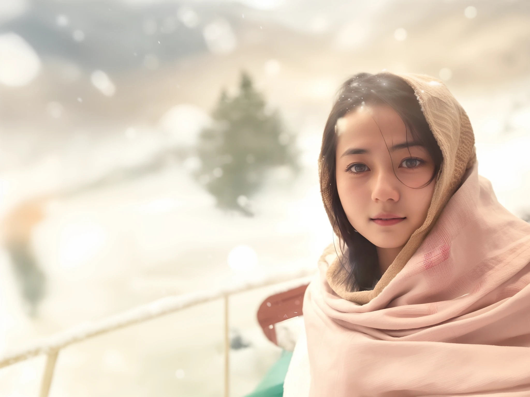 there is a woman wrapped up in a blanket on a boat, during snowfall, young himalayan woman, in mountains, by Riza Abbasi, faridah malik, dayanita singh, beautiful young himalayan woman, with accurate face, very very low quality picture, !! low contrast!!, with serious face expression, beautiful himalayan woman, only snow i the background, candid picture