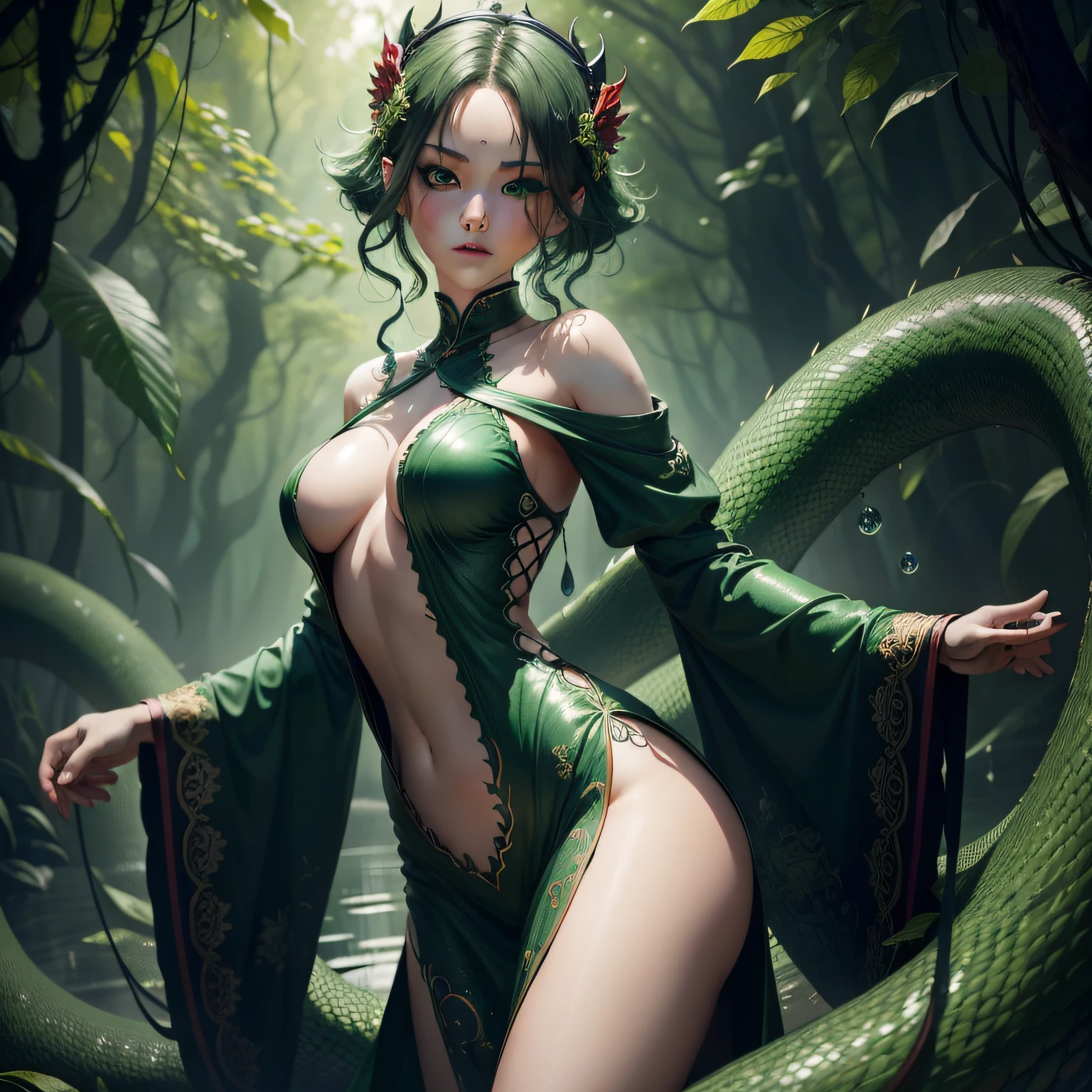 (Very elaborate 8K wallpapers)、The image of a menacing serpent、Green clothes、Red water droplets fly(:1.6)、Delicate figure、looking at the viewers、Black and green hair、Green eyes