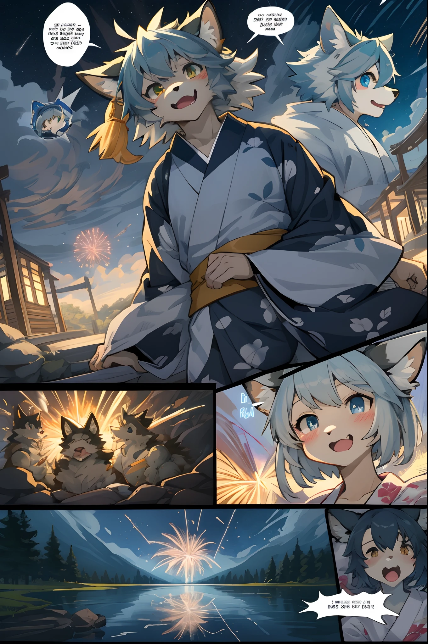 top quality, best quality, highres, masterpiece, super high resolution, detailed background, lake, nigh sky, firework, japanese yukata, 6+boys, 6+girls, absurdres(highly detailed beautiful face and eyes)perfect anatomy, good lighting, cinematic shadow(kemono, furry anthro)assorted expressions, assorted poses, assorted angles, full body, upper shot, dynamic angle(girls comic-like panel layouts, speech balloon, English text, Hand-drawn sound effects stickers used in girls comic),