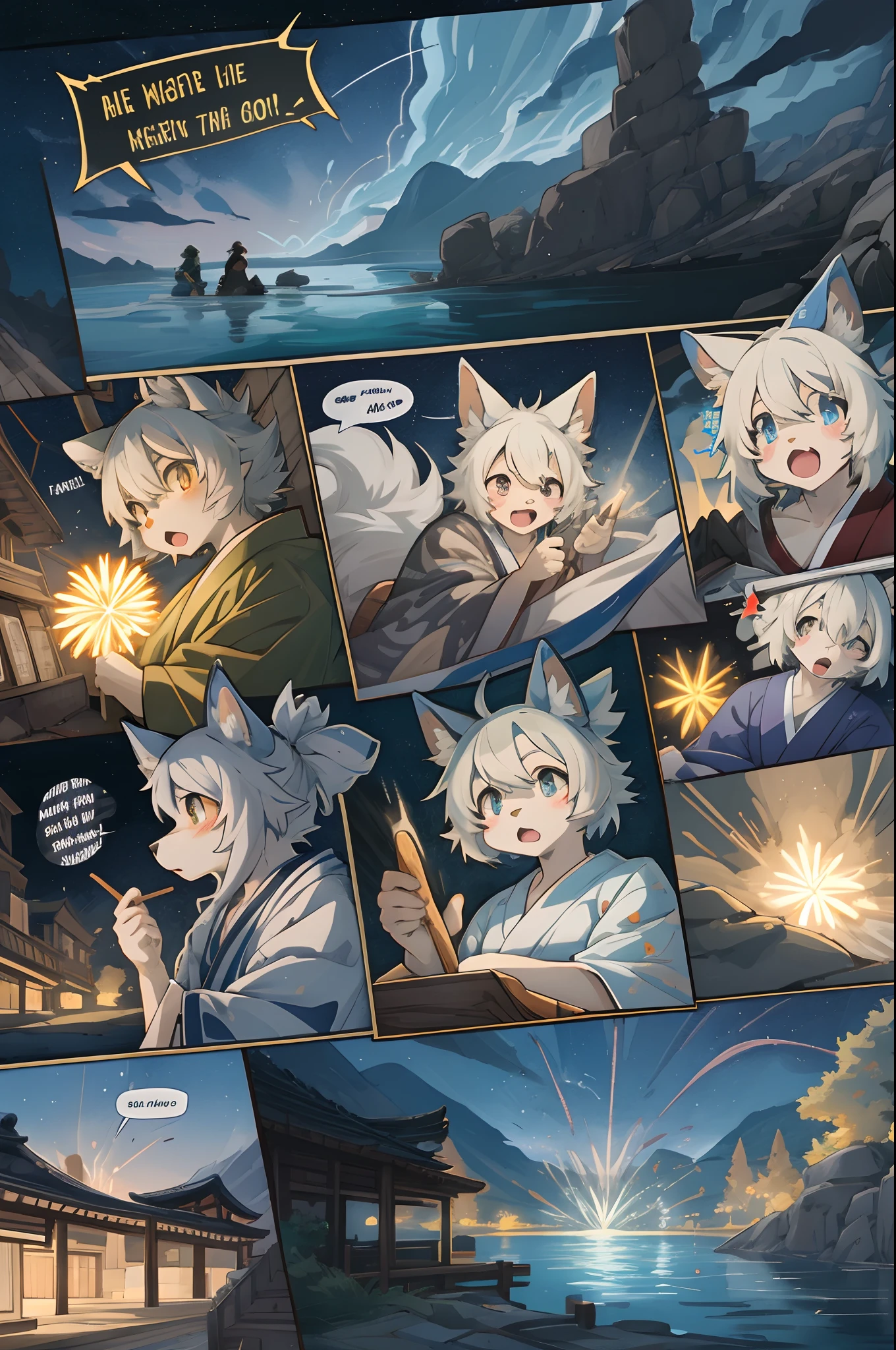 top quality, best quality, highres, masterpiece, super high resolution, detailed background, lake, nigh sky, firework, japanese yukata, 6+boys, 6+girls, absurdres(highly detailed beautiful face and eyes)perfect anatomy, good lighting, cinematic shadow(kemono, furry anthro)assorted expressions, assorted poses, assorted angles, full body, upper shot, dynamic angle(girls comic-like panel layouts, speech balloon, English text, Hand-drawn sound effects stickers used in girls comic),