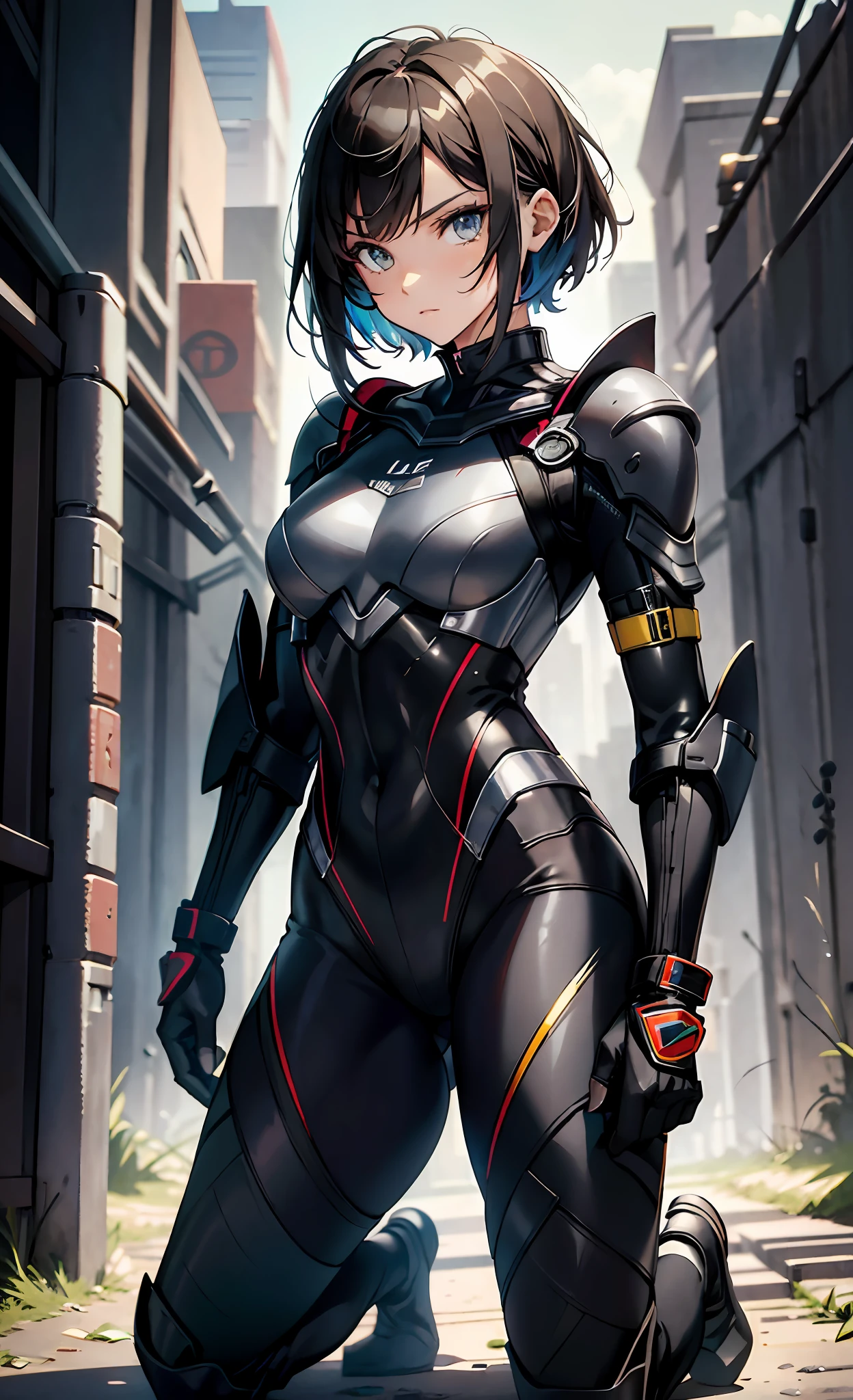 best qualityer,tmasterpiece,Ultimate resolution,downy,Extremely colorful,Colorful,Women combatants,(Kneeling pose)(Point at you with your ass)a matural female,Black super short hair,Tight combat suit,tightsuit,Steel City background,the night,Normal posture,Normal posture