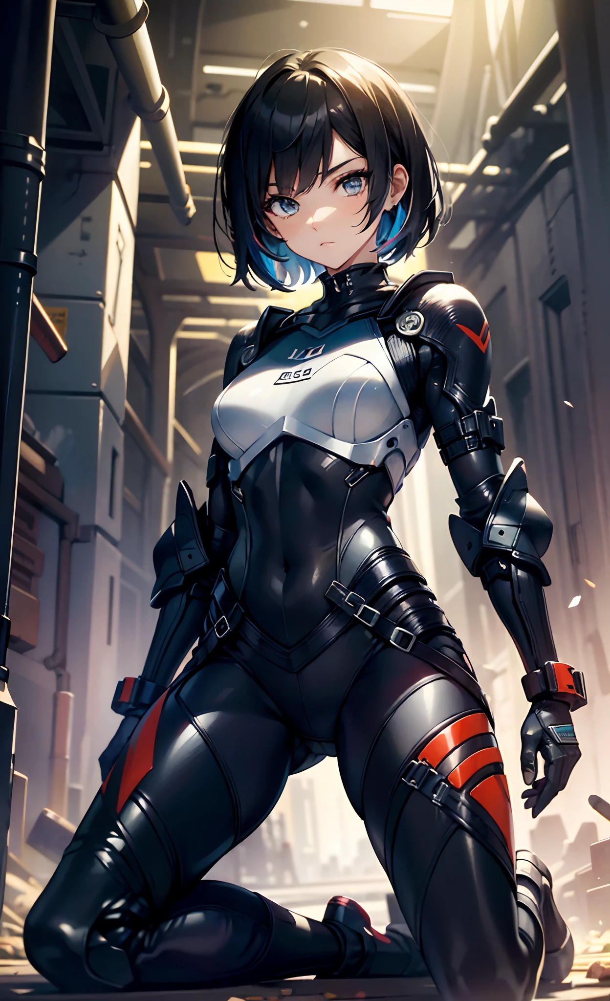 a handsome, Youngh, barefoot cyborg woman, wearing cyber tech black, green and white armor with skirt, arm and leg prostheses , with short, light, shoulder-length hair, in a futuristic room.