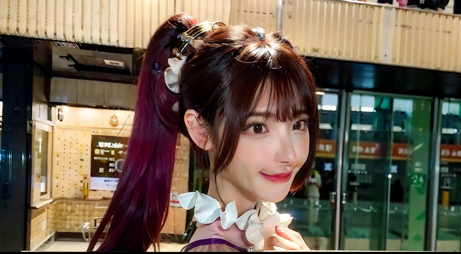 masterpiece, best quality, ultra-detailed,
anime_style, cute, 1 girl, 
official_art, android, purple_eyes, purple_hair, ponytail_hair, bangs, side_parting, fair_skin, round_face, thin_eyebrows, small_nose, full_lips, light_pink_lipstick, blush, eyelashes, ear_piercings, silver_earrings, 
pink_clothes, ((praying)), ((((cosplay)))), (((AiHoshino))), 
neck_tattoo, collar_up, smiling_softly, head_tilted_slightly_to_the_right, 
full body, best quality, ultra high definition, (photorealistic:1.4),, high resolution, detail, raw photo, sharp re, Nikon D850 film stock photo by Lee Jefferies 4 kodak portra 400 camera f1.6 lens rich colors hyper realistic lively textures dramatic lighting unreal engine artstation trends cinestir 800,