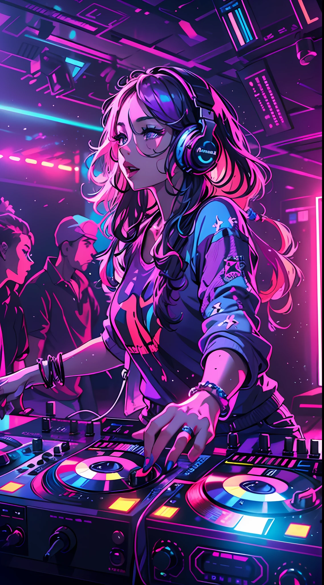 upper body, female dj, colorful clothes , quirky, vibrant appearance, playful accessories, creative behavior, imaginative, sensual, spontaneous, dj headphones, mixing console, music club, night club, indie theaters, people dancing on the dance floor background, underground danceclub, highest quality, skin texture, intricate details, (cinematic lighting), RAW photo, 8k