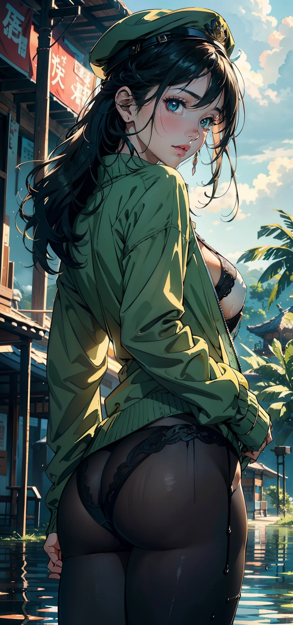 1female,,smallunderboob,Pornographic exposure, 独奏,(Background with:hilltop,the rainforest,in summer,Standing water on the ground,exteriors) Feel free to hairstyle,Stride,Sweat profusely,drenched all over the body,seen from the front,Long black hair , mostly cloudy sky,(((tmasterpiece),(Very detailed CG unity 8K wallpaper),best qualtiy,cinmatic lighting,detailed back ground,beatiful detailed eyes,Bright pupils,(Very fine and beautiful),(Beautiful and detailed eye description),ultra - detailed,tmasterpiece,)),face to the viewer,frontage,A high resolution,ultra - detailed)nakeness,Wipe off panties,revealing breasts,Bare genitalia, Bulge,Camel toes,Raised sexy,Lewd expression,Flushed complexion,Open-mouthed,frontage,military hat,(Wearing:green colored bomber jacket,Black pantyhose)