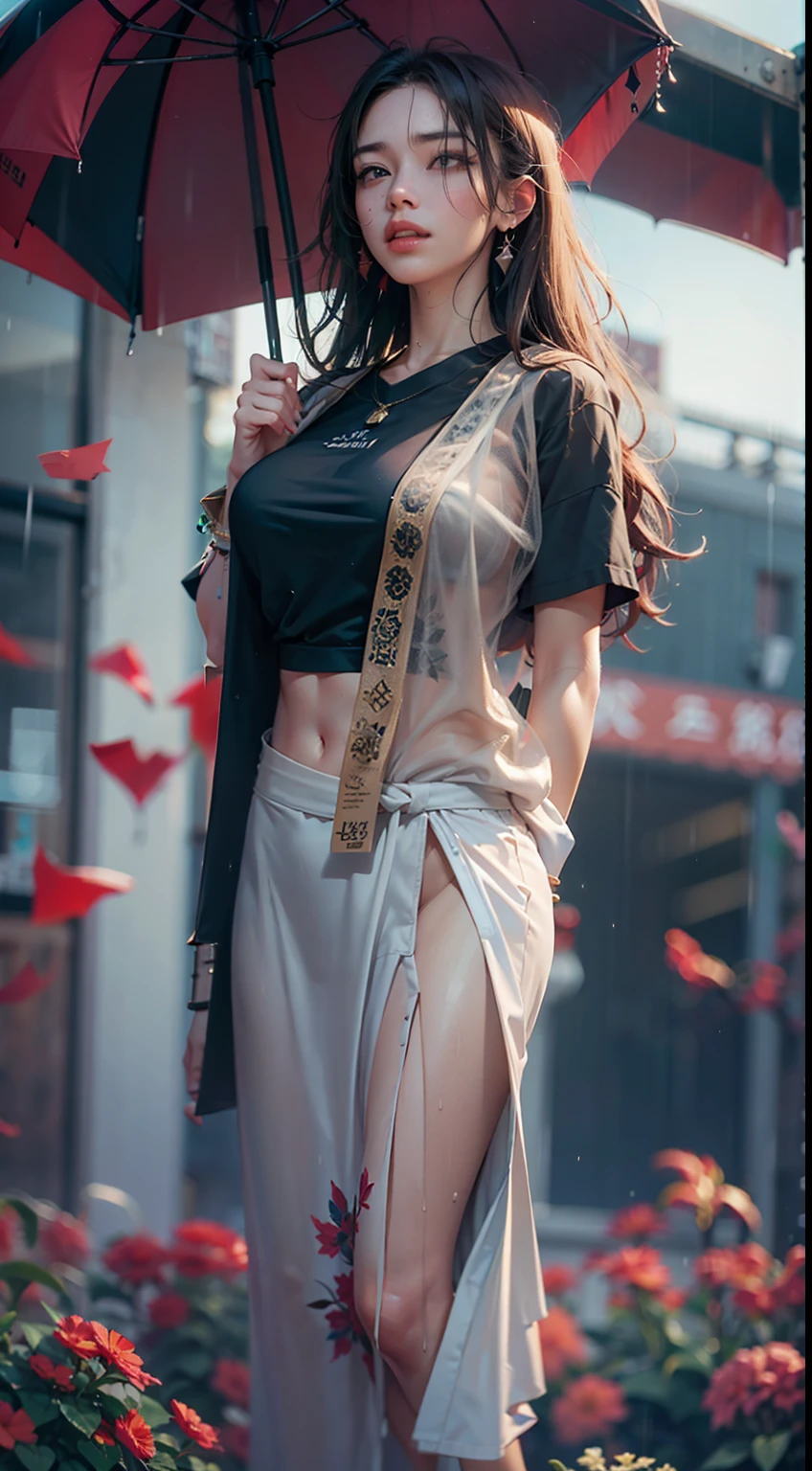 NSFW， 8K Raw photograph， best qualtiy， tmasterpiece， 超高分辨率， filmgrain， cinematic ligh， 1girll， Drunken expression， expression，Natural skin texture， Realistic Eyes and Face Details， full pouty lips， lipsticks， （putting makeup on）， Red eyeshadow， Short fluffy hair， messy  hair， ssmile， Keep one's mouth shut， raining day，beautifullegs， Tall women， Slim_Legs， 独奏， Superskirt， hindquarters， The shirt， Beautiful natural location， Location of flowers around， （detailedbackground）， （leisure wear：1.2）， white  shirt， huge tit，Thin waist and thick hips，long leges， Show a little through the shirt， （No underwear），Loafer shoes， vague background， （No umbrellas），bblurry， halter，  short- sleeved， brown  hair， bangle，very heavy rain🌧， By bangs，jewely，parted lip， cparted lips， pleatedskirt， depth of fields ，（wetclothes：1.4），  Real rain， Wet hair,..