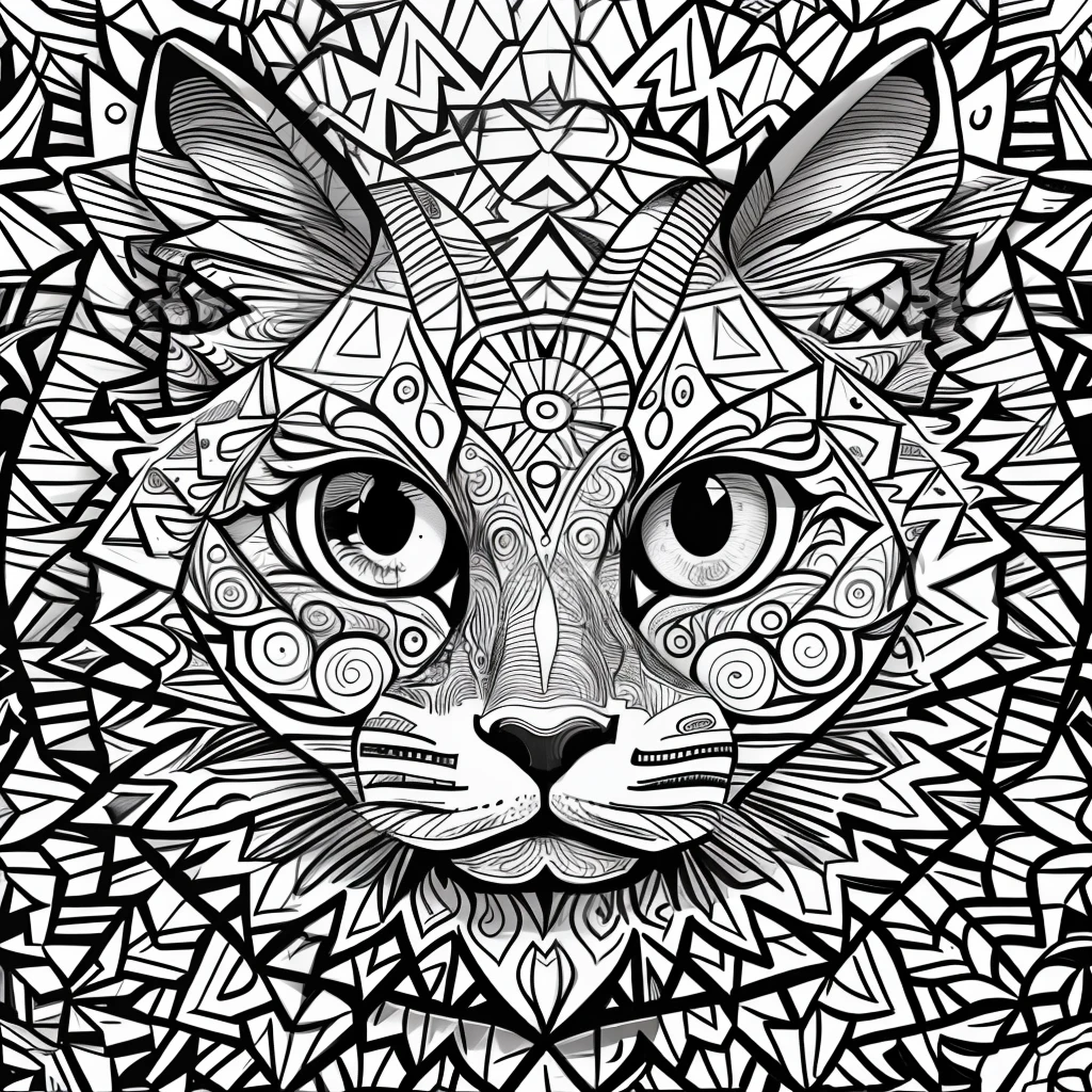 Create a black and white illustration with wavy lines and a look similar to a children's coloring book page. o desenho deve conter um gato envolvido em mandalas, Make sure there is no noise and that the lines are thick and sharp like contour art, imagem ultra detalhada e sem falhas. Change the aspect ratio to width 816 and height 1056 with focus on a vertical frame of the image.