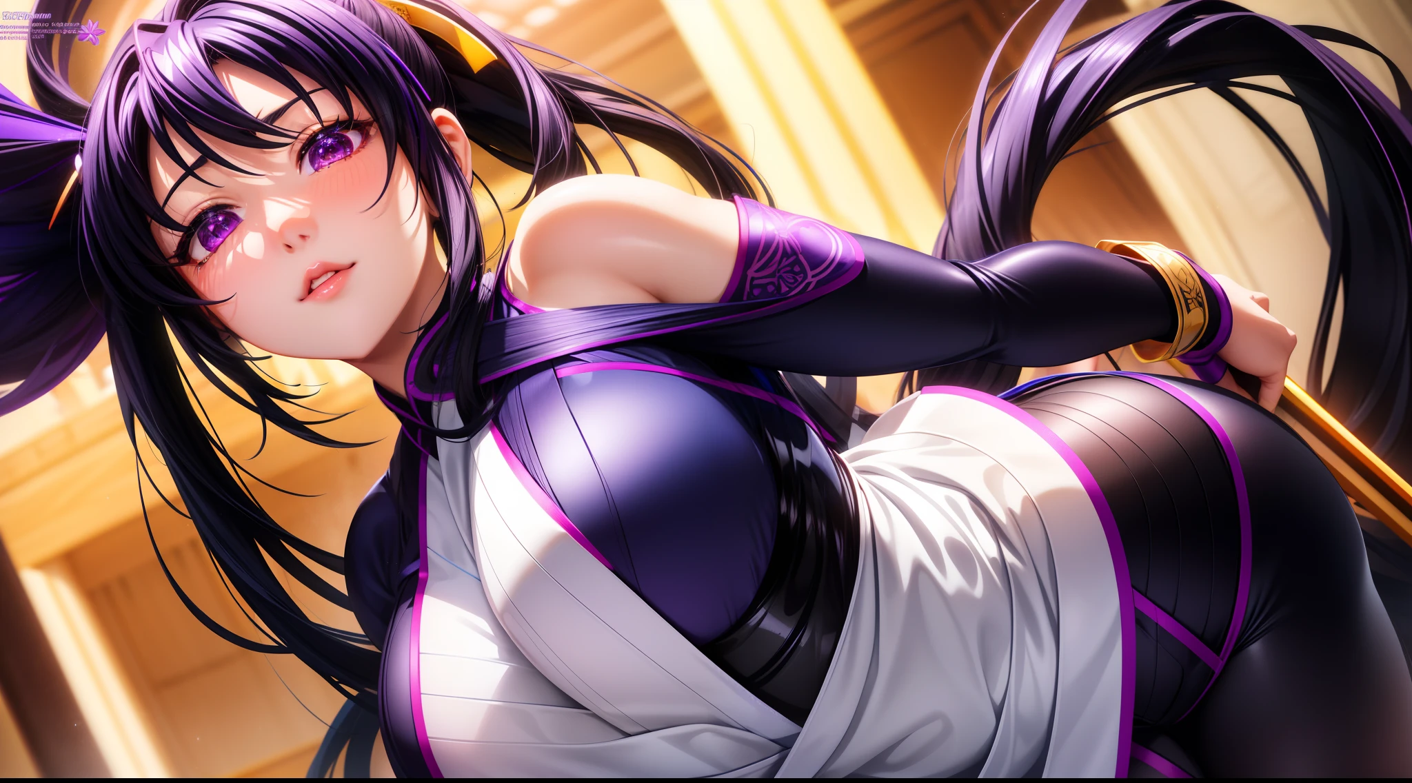 focused upper body, 1 girl, akeno himejima, kendo outfit, sparkling purple eyes, long black hair, at school background, Colorful beautiful girl: nice perfect face with soft skinice perfect face, intricate detail, 8k resolution, masterpiece, 8k resolution photorealistic masterpiece, professional photography, natural lighting