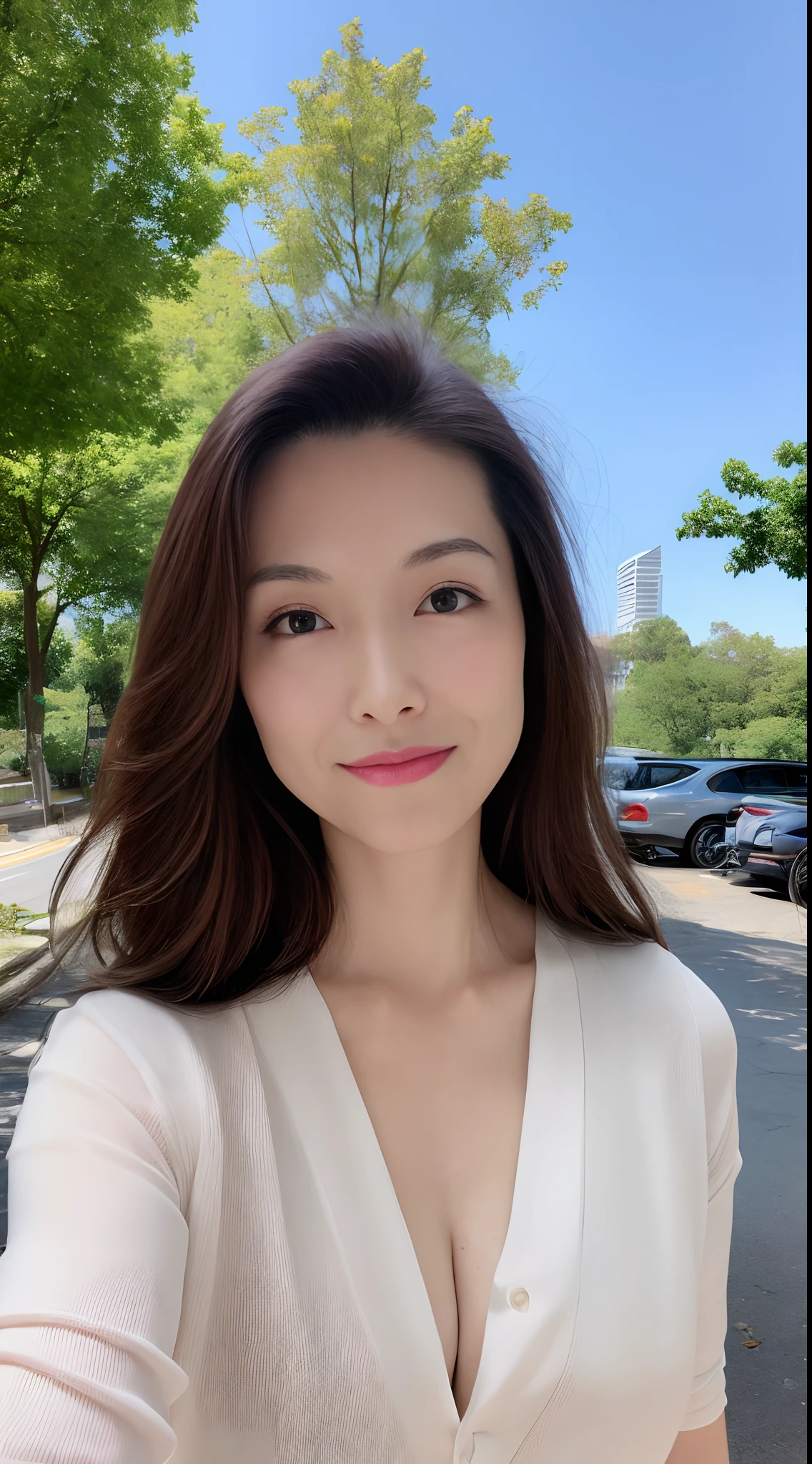 （best qualtiy，A high resolution，tmasterpiece：1.3），A tall and beautiful woman，Slender abs，Dark brown hair in loose wavy styling，nedium breasts，Wear a pendant，White unbuttoned shirt，obi strip，a black skirt，（Modern architecture in background），Beautifully rendered details in face and skin textures，Detailed eyes，二重まぶた, (nsfw:1.5),NSFW,