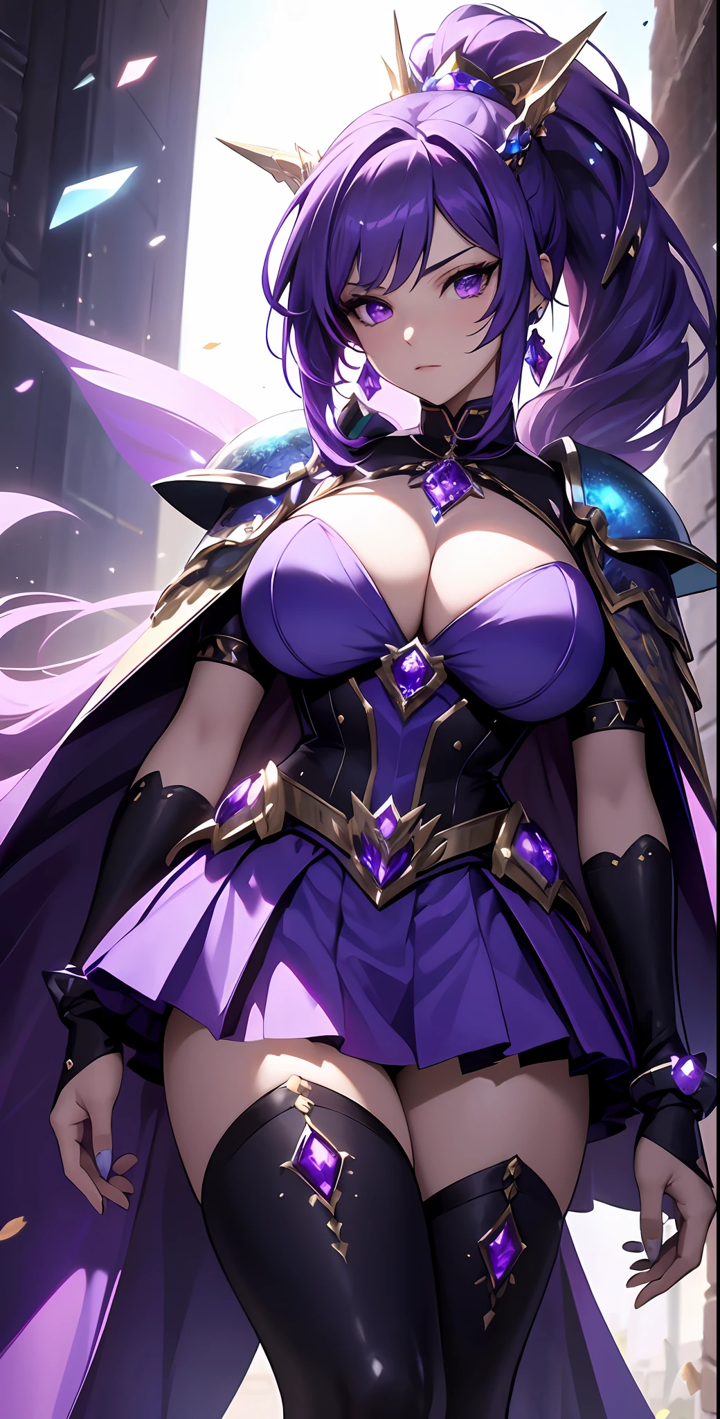 best qualityer，tmasterpiece，Ultimate resolution，downy，Extremely colorful，Colorful，Lady Knight，Royal Sister，Blue-purple armor skirt，Full body set with gemstones，amethyst，huge tit，（Short thin purple hair，High ponytail），Shield set with precious stones，jewelry，Pedras preciosas，Normal posture