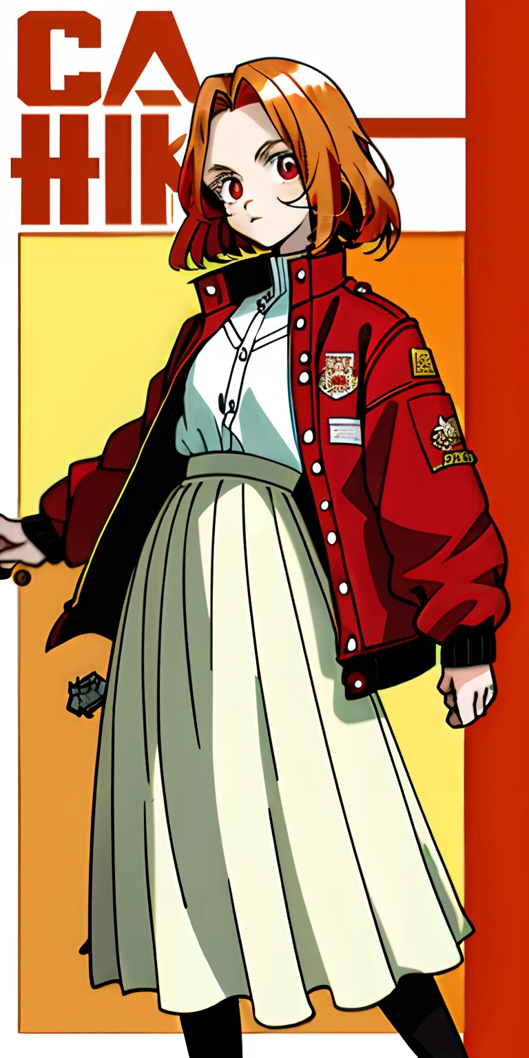 Red pupils，with short golden hair，Poor milk，Jacket jacket，a white long skirt，teens girl，Anime comic style
