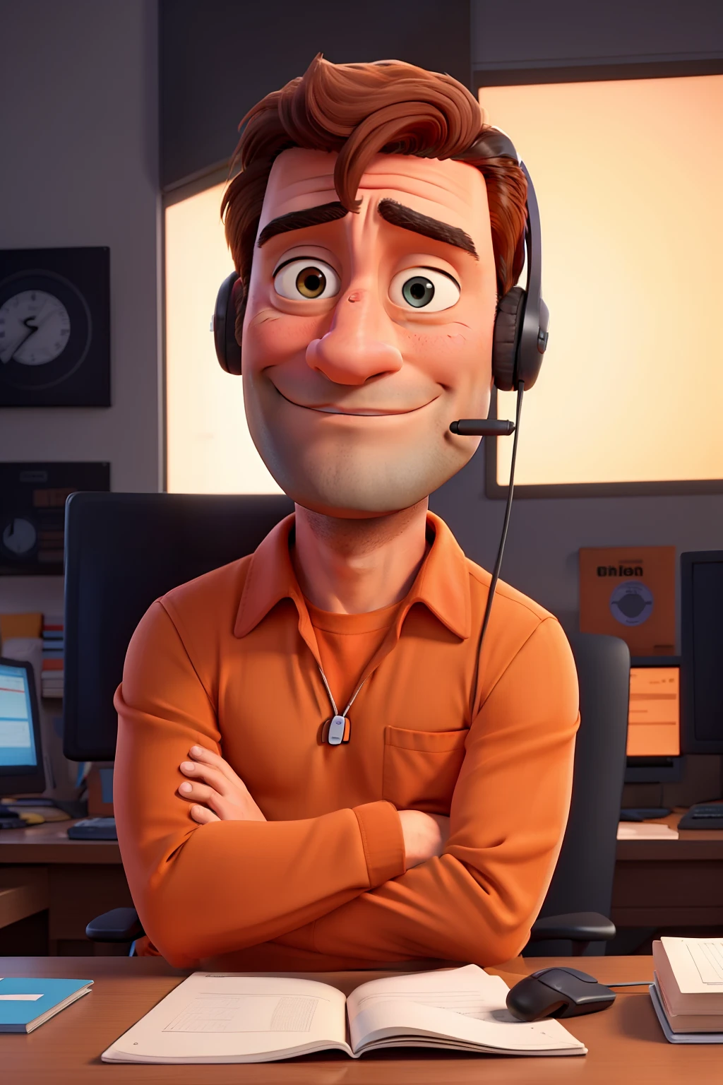 Jon Hamm, cartoon wearing an orange shirt and black pants, arms crossed, com fone de ouvido no ouvido, Trabalhando em Telemarketing;