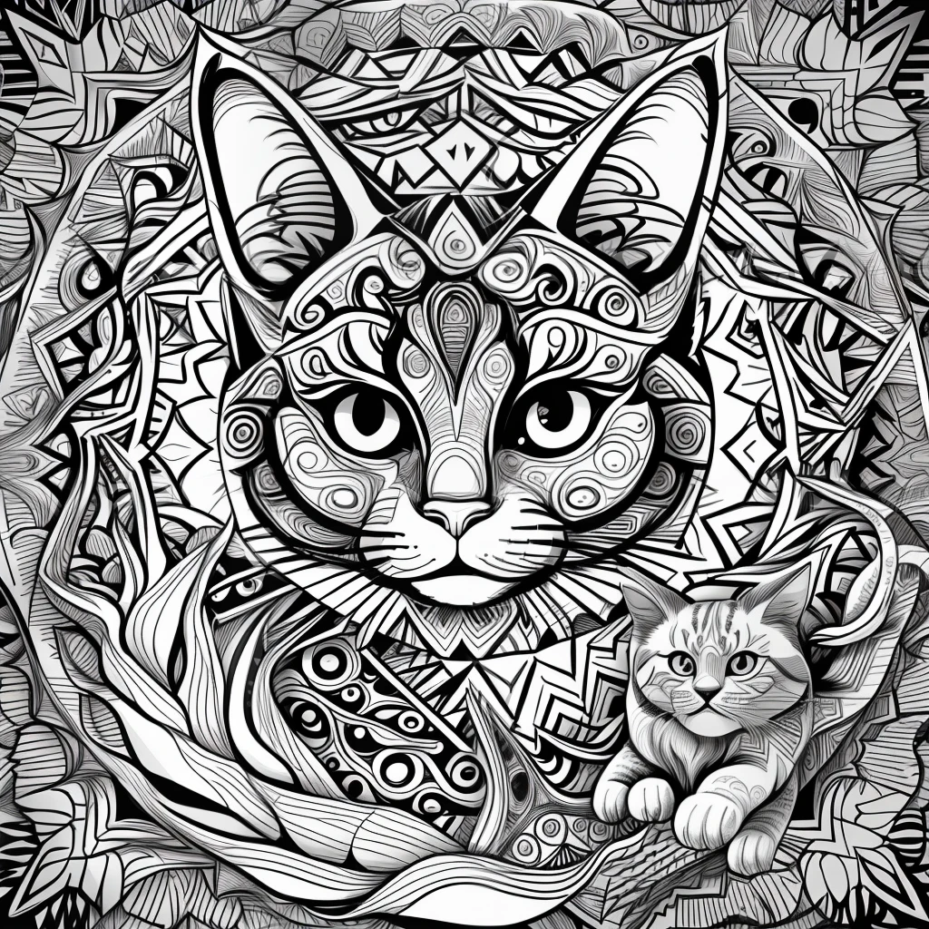Create a black and white illustration with wavy lines and a look similar to a children's coloring book page. o desenho deve conter um gato envolvido em mandalas, Make sure there is no noise and that the lines are thick and sharp like contour art. Change the aspect ratio to 2:3 e foco em um quadro vertical da imagem."