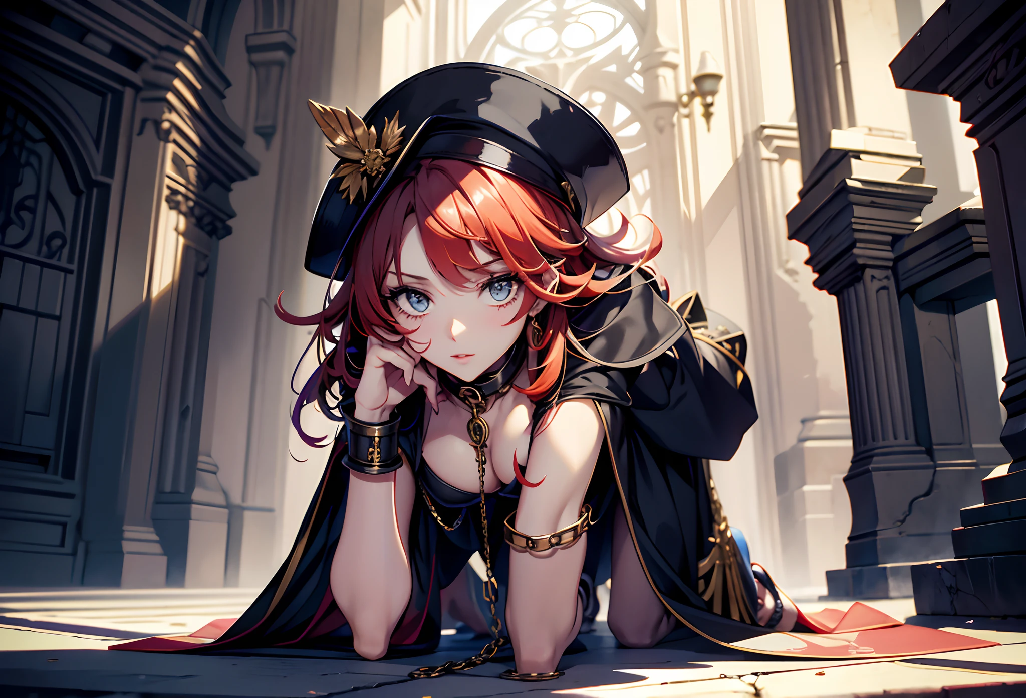 best qualityer,tmasterpiece,Ultimate resolution,downy,Extremely colorful,mature pretty woman,(guillotine,behead)(Kneeling pose)(Point at you with your ass),solo person,Upper body nudity,Beauty severed head,Normal posture,Redlip,shackle,guillotine,behead,Collar,handcuff,Anklets,Normal posture