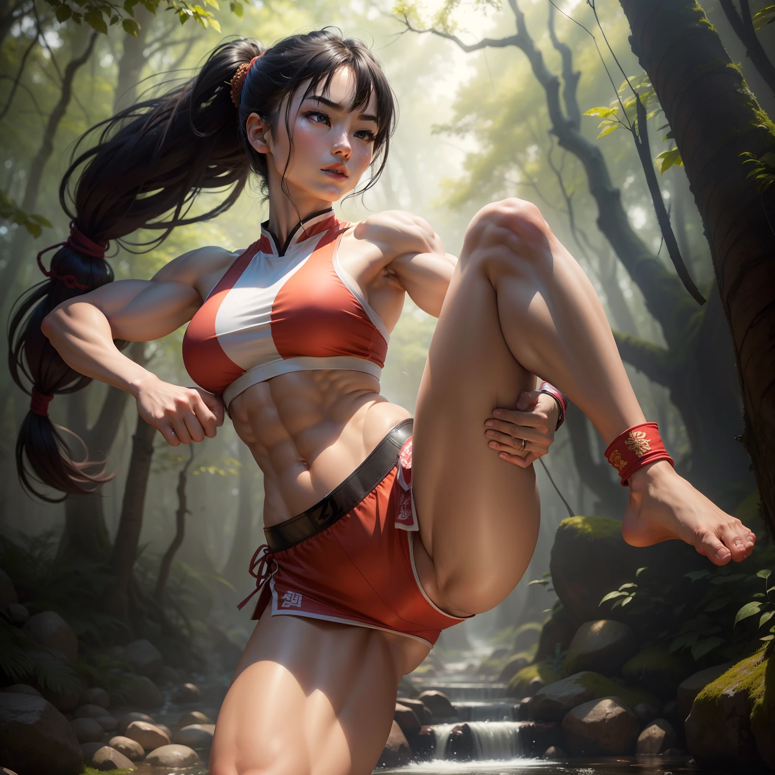 Japanese girl 18 years old , ((full body)), ((Leg kicking)), ((fighting pose)), kung fu outfit, japanese , karate style , fighting pose, cute nose, perfect face, full lips, brunette ,(amazonian physique:1.3), (fit:1.3), (toned muscle:1.3), (muscular:1.3), (six-packs abs:1.1) nice perky breasts, chinese , karate style , kung fu outfit , long hair in a braid ,kicks , kung fu , strong body , in nature , forest , trees , quality 8k photo-realistic, highly detailed, high detail RAW color art, diffused soft lighting, sharp focus, hyperrealism, ultra highres:1. 2, 8k, UHD, high quality, realistic photo, (best quality:1. 5), highly complex, perfect shadows, 5 finger hands