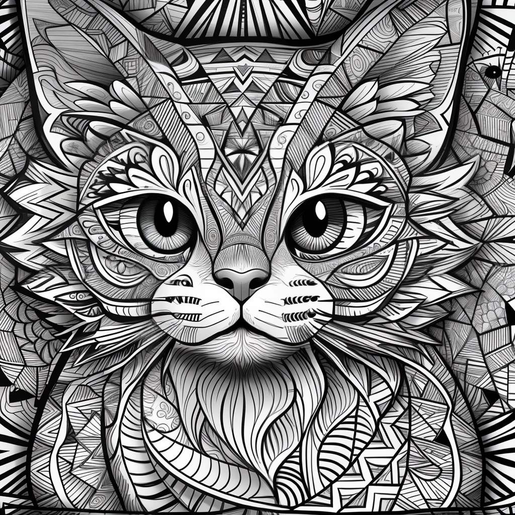 Create a black and white illustration with wavy lines and a look similar to a children's coloring book page. o desenho deve conter um gato envolvido em mandalas, Make sure there is no noise and that the lines are thick and sharp like contour art, imagem ultra detalhada e sem falhas. Change the aspect ratio to width 816 and height 1056 with focus on a vertical frame of the image.