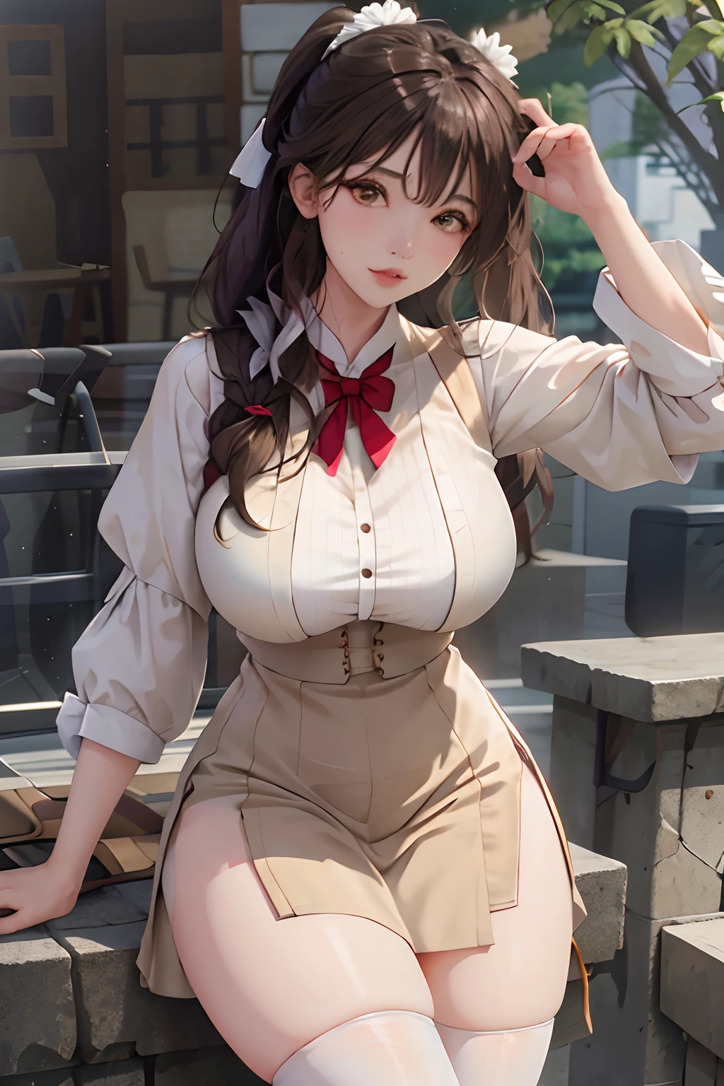Masterpiece: 1.2, best quality), realistic, (real picture, rich details details, depth of fields), (1girl, solo), makeup, harelip, high detail, perfect face shape, (big breasts: 1.4), (skindentation ), tmasterpiece：1.2，best qualtiy），realisticlying，（Real pictures，rich detail details，depth of fields），（1girll，独奏），putting makeup on，harelip，high detal，Perfect face shape，（：1.4），（dent in the skin），Thigh thick，Wide hips，big breasts thin waist，highr，The corals，Redlip，黑The eye，pony tails，（sweat leggs：1.2），（dampness），Raised sexy，a white long skirt