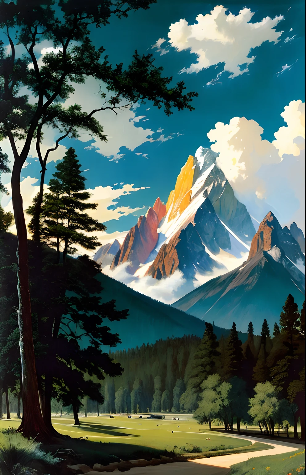 painting by sargent and rhads and leyendecker and greg hildebrandt evening sky, low thunder clouds foothpath with trees at indian summer with zugspitze fitz roy in background, colours green, red, blue black and white, acuarela