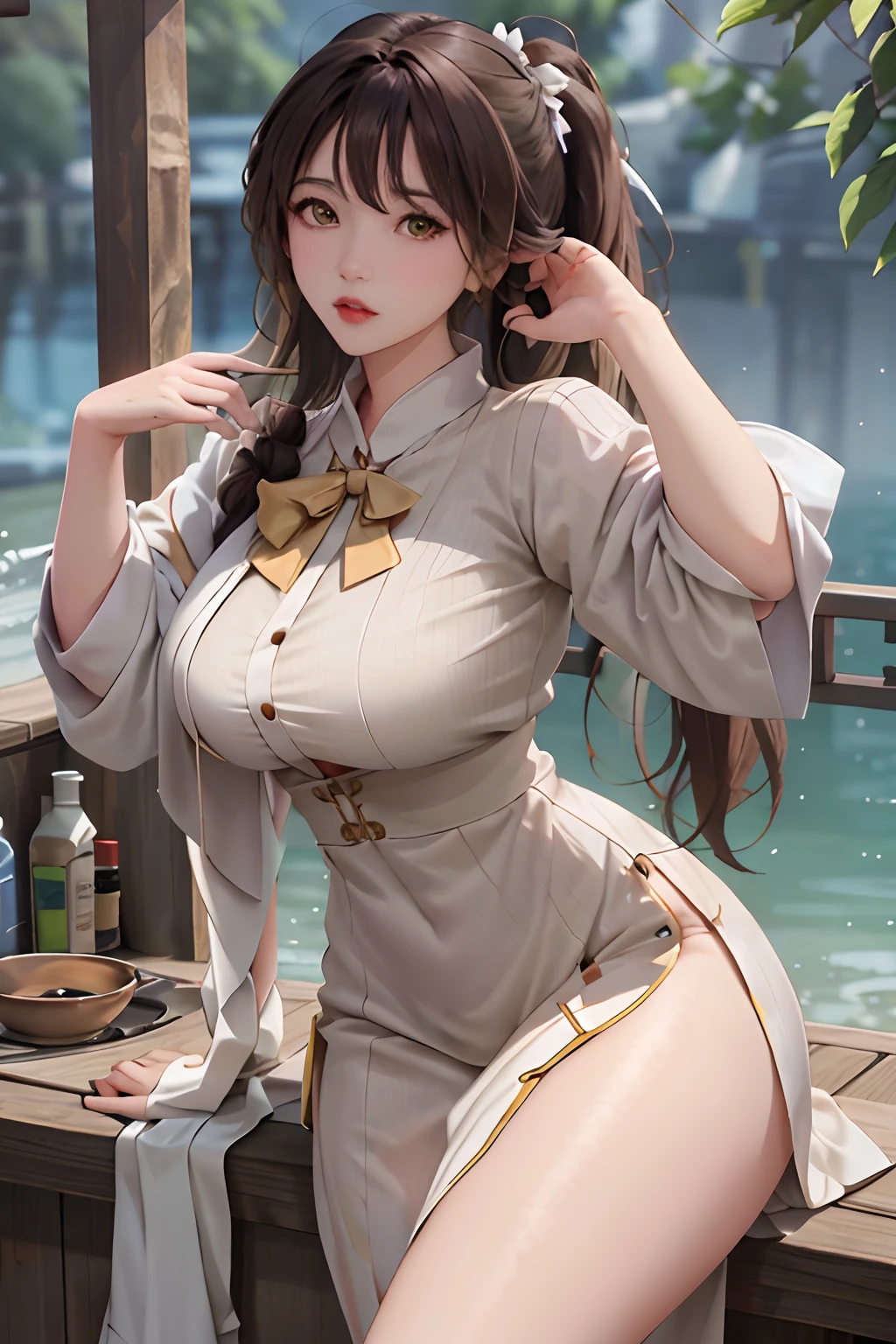 Masterpiece: 1.2, best quality), realistic, (real picture, rich details details, depth of fields), (1girl, solo), makeup, harelip, high detail, perfect face shape, (big breasts: 1.4), (skindentation ), tmasterpiece:1.2,best qualtiy),realisticlying,(Real pictures,rich detail details,depth of fields),(1girll,独奏),putting makeup on,harelip,high detal,Perfect face shape,(:1.4),(dent in the skin),Thigh thick,Wide hips,big breasts thin waist,highr,The corals,Redlip,黑The eye,pony tails,(sweat leggs:1.2),(dampness),Raised sexy,a white long skirt