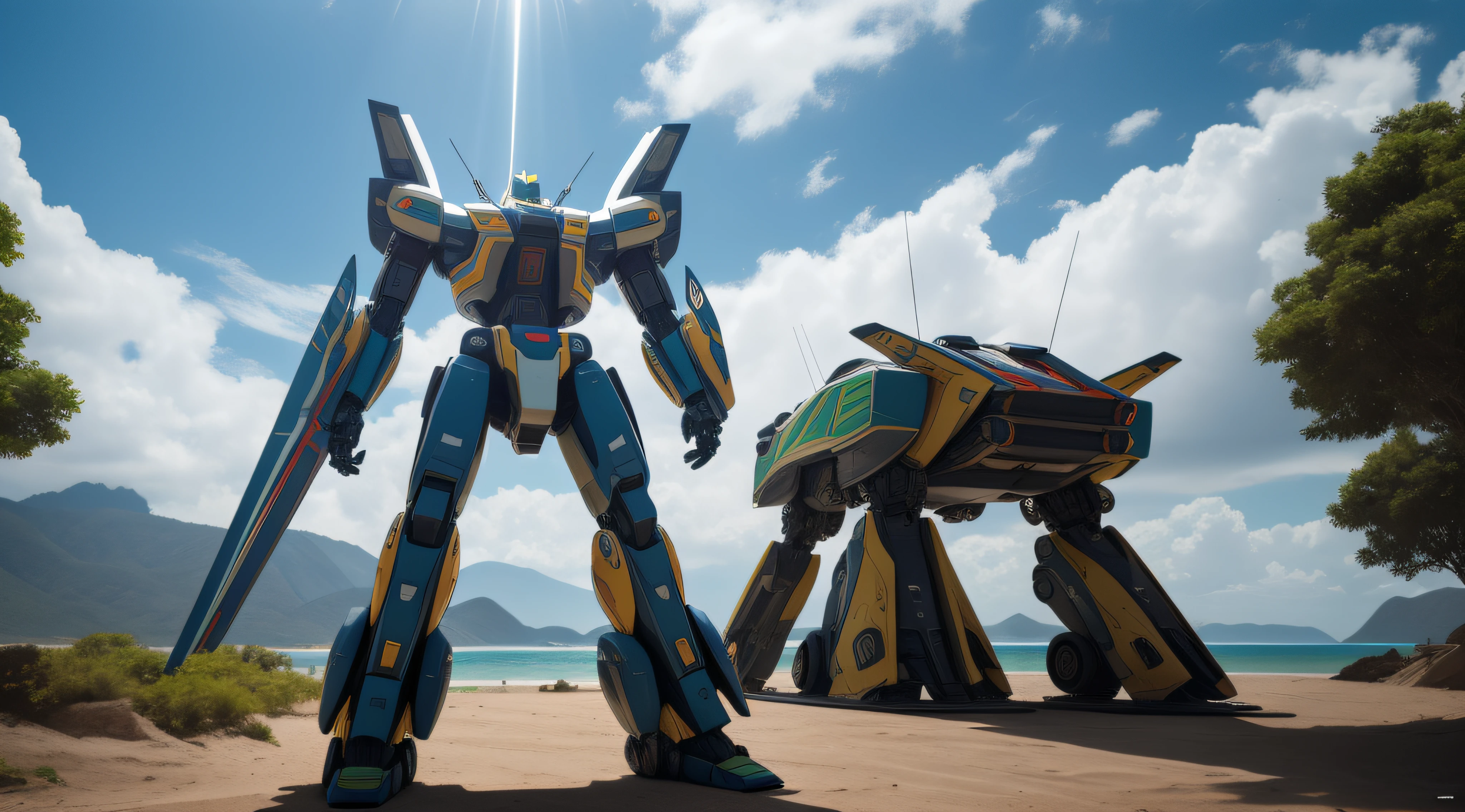 centered photo of a symmetrical futuristic Mecha with the colors of the Brazilian flag, Hiper-realista, texturas 8k, 8K IMAX, CG hiper-realista, Texuras de 8k, Transformres movie, Imagem hiperrealista 8K, Diretor: Zack Snyder, artstation, artista premiado