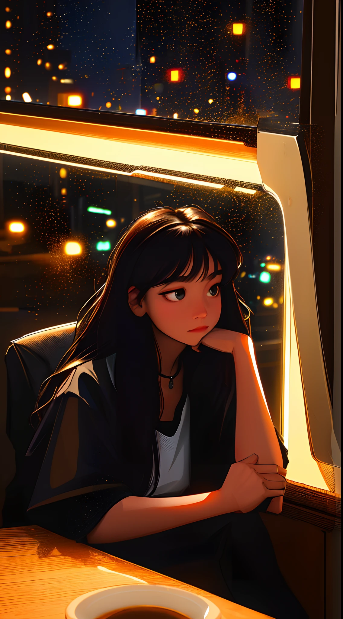 ((masterpiece, best quality, ultra detailed, ultra high res)), ((night)), (distant), chiaroscuro, coffee, indoors, solo focus, pov, (through the window), (armrest), 1girl, facing away, black hair, long hair, distracted, sitting, black collar shirt, (looking away), streetspace, neon lights, particles, dark eyes, black eyes