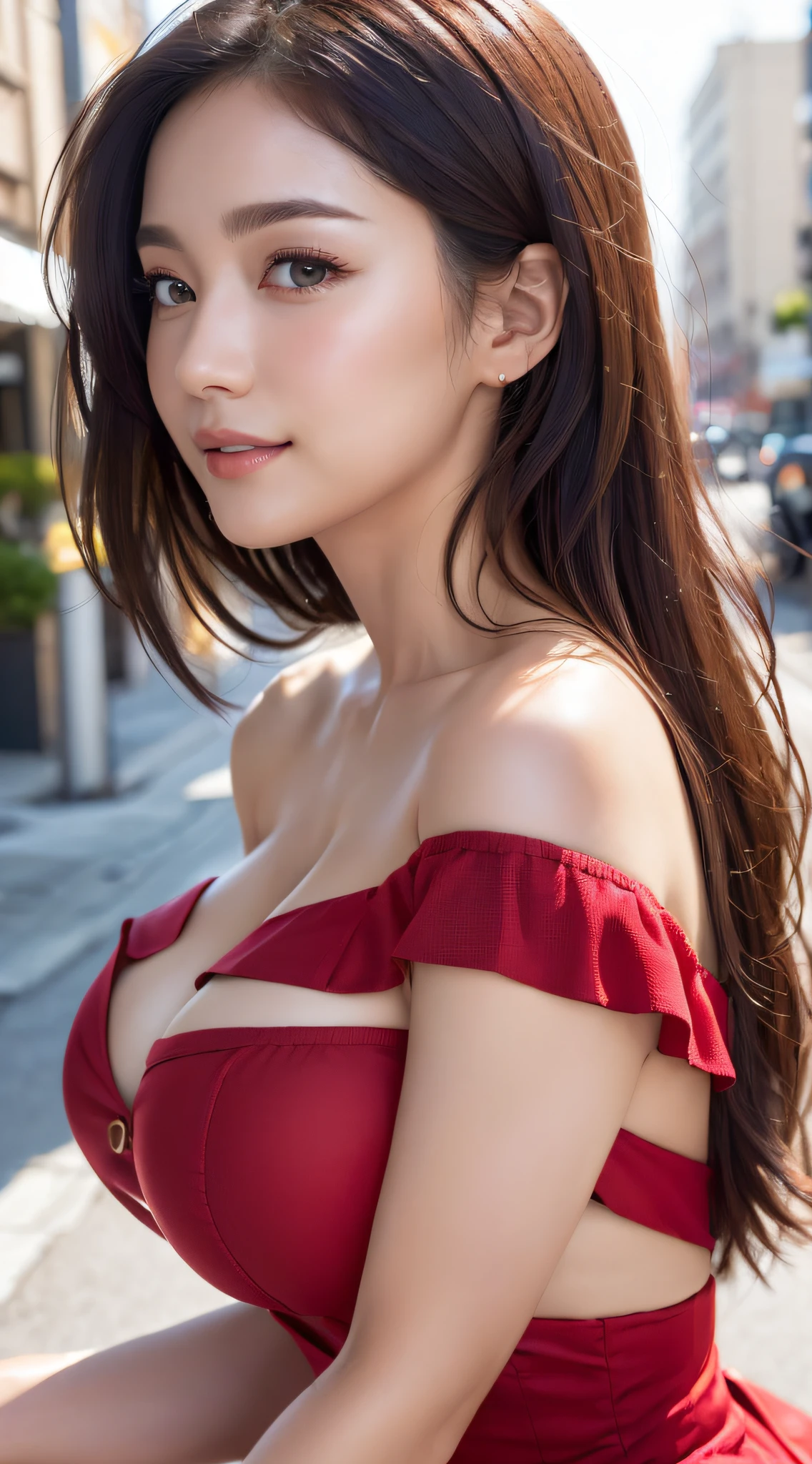 (8K, 超A high resolution, Best Quality, masutepiece:1.2)、RAW portrait of japanese girl、超A high resolution、top-quality、 (huge-breasted,:1.7)、｛Slim body:1.2｝｛I'm not wearing underwear:1.5｝、(Wearing a red sleeveless off-the-shoulder dress:1.5)、(hands to hips:1.6)、(In the street:1.2)、(Face Up:1.2)、 BREAK (Natural Skin Texture、Detailed skin、Hyper-Realism、ultra sharpness)、intricate detailes、depth of fields、Sexy adult woman、Long black hair straight、Toned buttocks、((​masterpiece、top-quality、high-detail))、(Photorealsitic:1.4)、独奏、Smile happily、big eye、Distinct double eyelids、Lashes、long neck、Absolute area、Clean collarbone、face perfect、thin lips、a small face、(gazing at viewer、Highlights in the eyes、Light brown eyes、lipgloss)、(From the side:1.5)