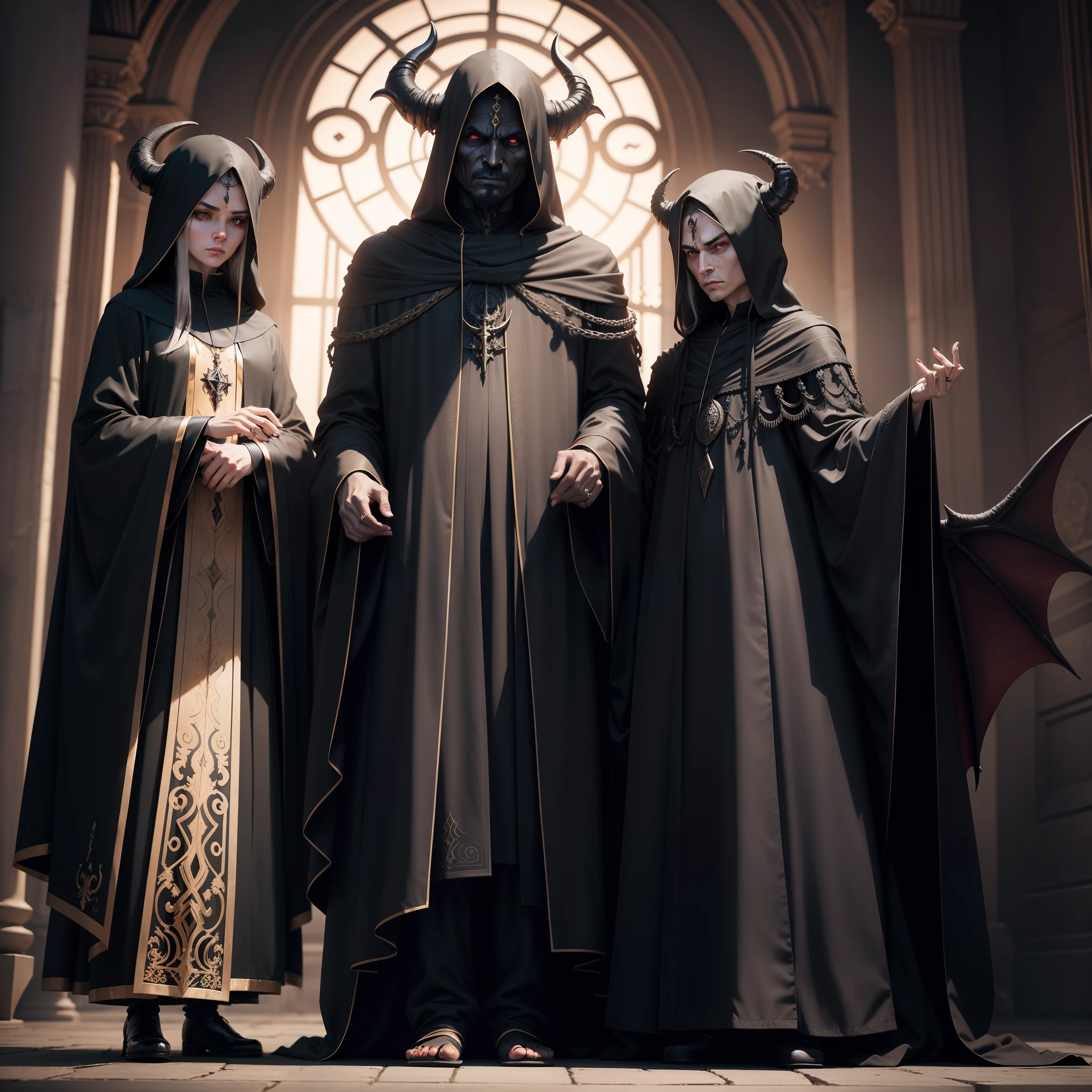 Human-looking demon ornate black robes , standingn, sinistro, realista, 4k