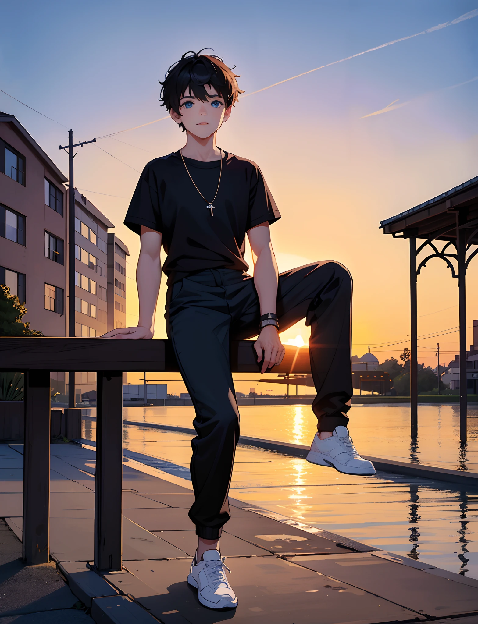 A young boy with,Wear a black T-shirt,Wear sneakers,blue color eyes,With a necklace,Sit in the gazebo,with a park in the background,Sunset and sunset,staring right into camera,Full body photo,Ultra-high definition