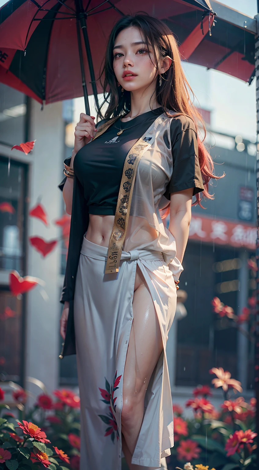 NSFW, 8K Raw photograph, best qualtiy, tmasterpiece, 超高分辨率, filmgrain, cinematic ligh, 1girll, Drunken expression, expression,Natural skin texture, Realistic Eyes and Face Details, full pouty lips, lipsticks, (putting makeup on), Red eyeshadow, Short fluffy hair, messy hair, ssmile, Keep one's mouth shut, raining day,beautifullegs, Tall women, Slim_Legs, 独奏, Superskirt, hindquarters, The shirt, Beautiful natural location, Location of flowers around, (detailedbackground), (leisure wear:1.2), white shirt, huge tit,Thin waist and thick hips,long leges, Show a little through the shirt, (No underwear),Loafer shoes, vague background, (No umbrellas),bblurry, halter, short- sleeved, brown hair, bangle,very heavy rain🌧, By bangs,jewely,parted lip, cparted lips, pleatedskirt, depth of fields ,(wetclothes:1.4), Real rain, Wet hair,..