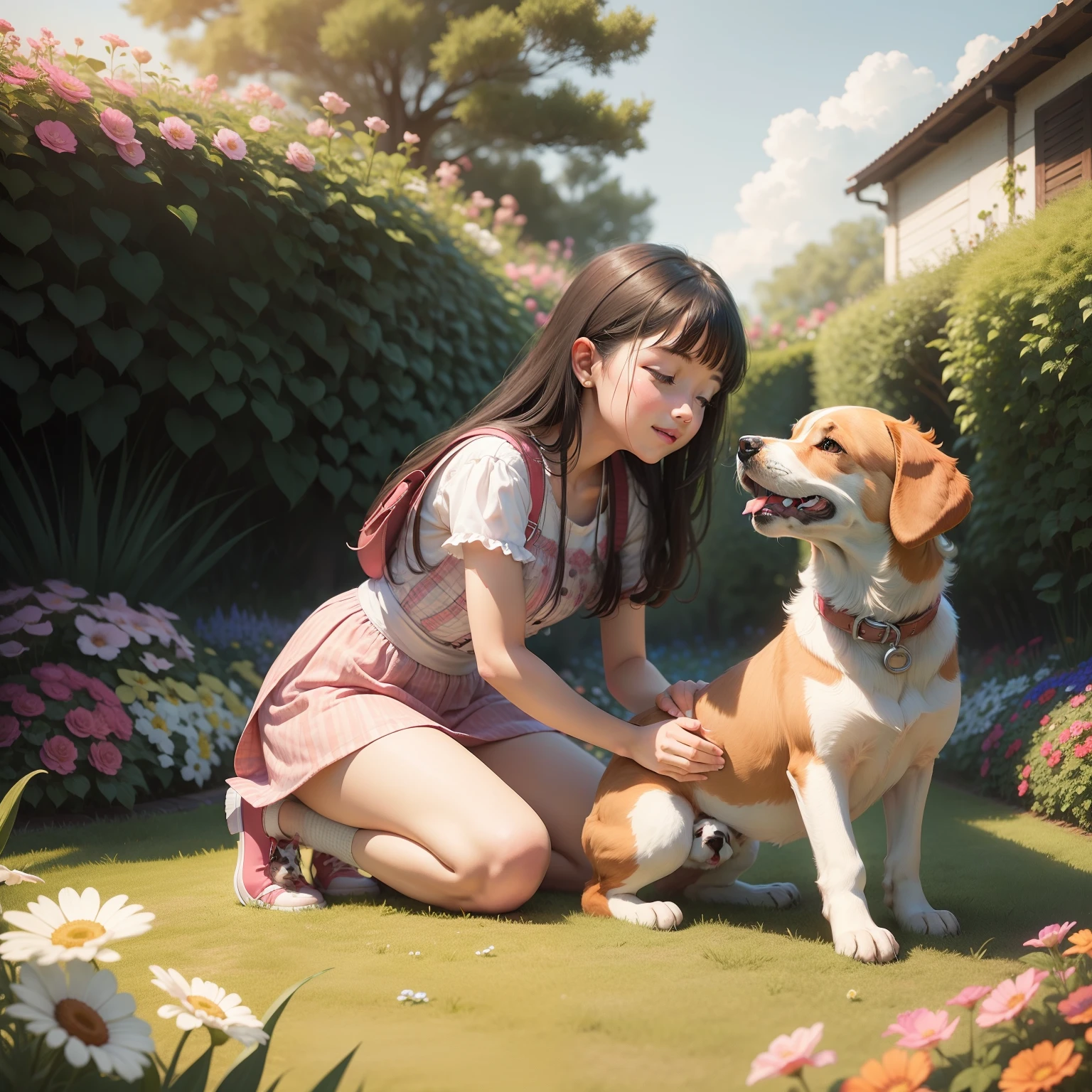 "Dog playing with a girl in a beautiful garden full of colorful flowers."