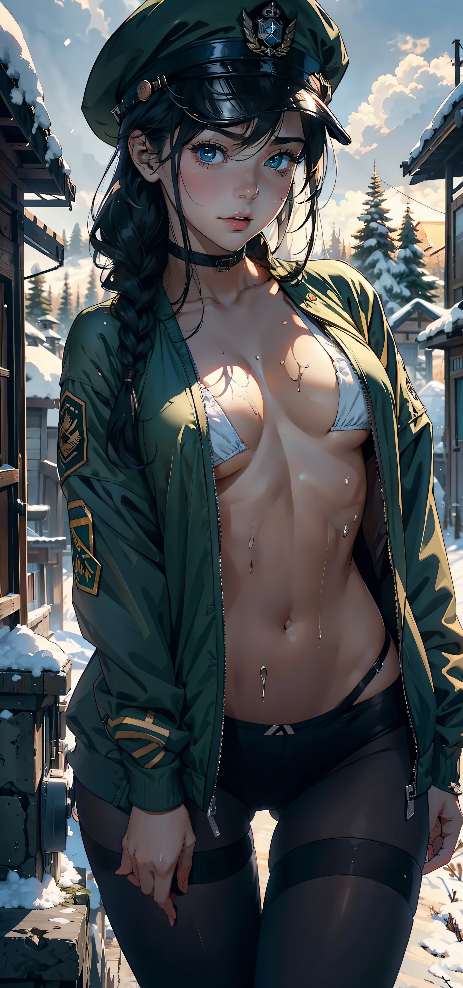 1female,,teenrl,smallunderboob,Pornographic exposure, 独奏,(Background with:hilltop,coniferous forest,in the winter,Snow on the ground,exteriors) Feel free to hairstyle,Stride,Sweat profusely,drenched all over the body,seen from the front,Long black hair , mostly cloudy sky,(((tmasterpiece),(Very detailed CG unity 8K wallpaper),best qualtiy,cinmatic lighting,detailed back ground,beatiful detailed eyes,Bright pupils,(Very fine and beautiful),(Beautiful and detailed eye description),ultra - detailed,tmasterpiece,)),face to the viewer,frontage,A high resolution,ultra - detailed)nakeness,Wipe off panties,revealing breasts,Bare genitalia, Bulge,Camel toes,Raised sexy,Lewd expression,Flushed complexion,Open-mouthed,frontage,military hat,(Wearing:green colored bomber jacket,Black pantyhose)