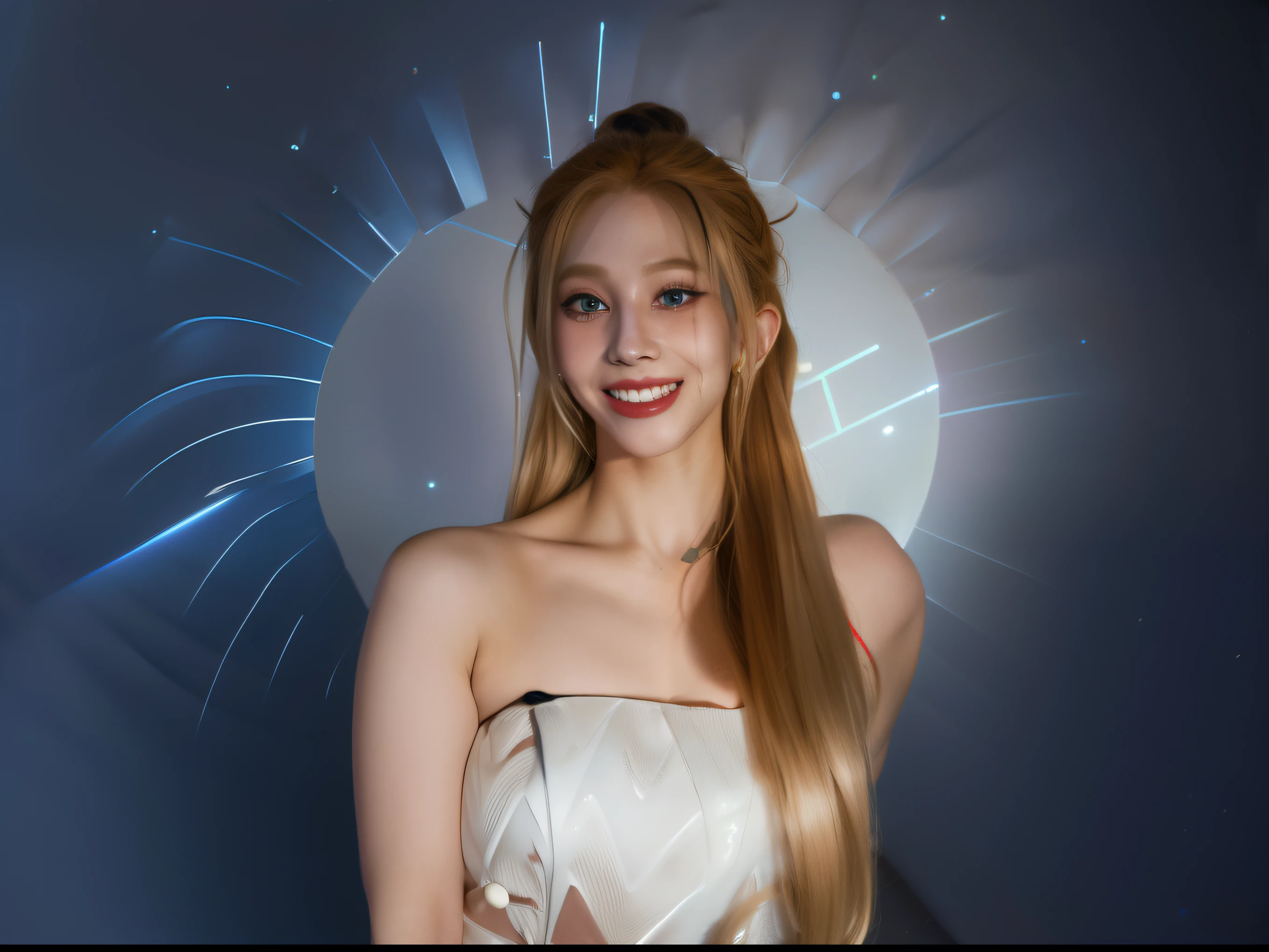 (8k, 4k, best quality, highres, ultra high res:1.1), (masterpiece, realistic, photo-realistic:1.1), 1girl, face, close-up, twintails, blonde hair, black eyes, red lips, (looking at viewer:2), absurdly long hair, long eyelashes, eyeshadow, small face, big eyes,
bare shoulders,
high contrast,