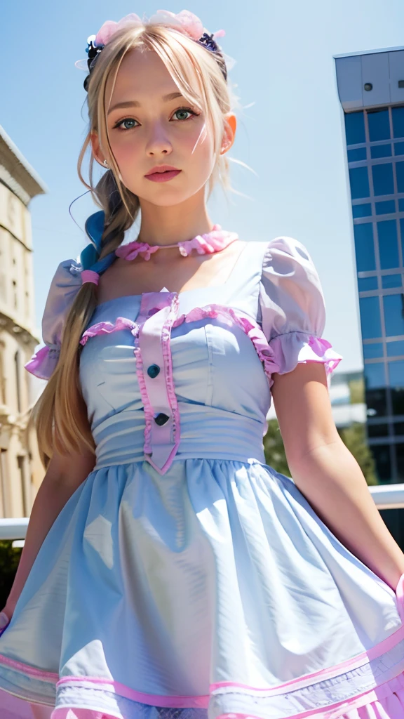 (ultra-detailliert), Cute princess dress in pink color,(frilly dress),(shortsleeves),Blue eyes,a closeup,Lovely smile,facing front, 20yr old, Girl in her 20s,no tail,(no tail),2D, masterpiece, top-quality, animesque, A detailed eye, A detailed face, girl with, Only 1 person,Silver-haired medium hair, (silber hair), Ear Hair, small tits, Single braid, (Single braid), (Side braid), Pink ribbon, Ribbon around the neck, (Light blue sleeves), Stand in the middle of the city,