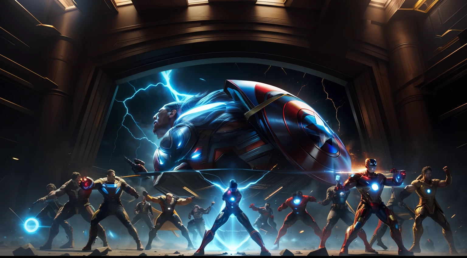 "Generate an ultra-realistic 16k center-framed cinematic photograph featuring all members of Avengers, poised for battle in order to save the world. The image should be extremely detailed, sharp, and filled with energy."