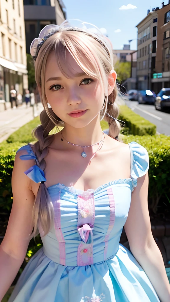 (ultra-detailliert), Cute princess dress in pink color,(frilly dress),(shortsleeves),Blue eyes,a closeup,Lovely smile,facing front, 20yr old, Girl in her 20s,no tail,(no tail),2D, ​masterpiece, top-quality, animesque, A detailed eye, A detailed face, girl with, Only 1 person,Silver-haired medium hair, (silber hair),  Ear Hair, small tits, Single braid, (Single braid), (Side braid), Pink ribbon, Ribbon around the neck, (Light blue sleeves), Stand in the middle of the city,