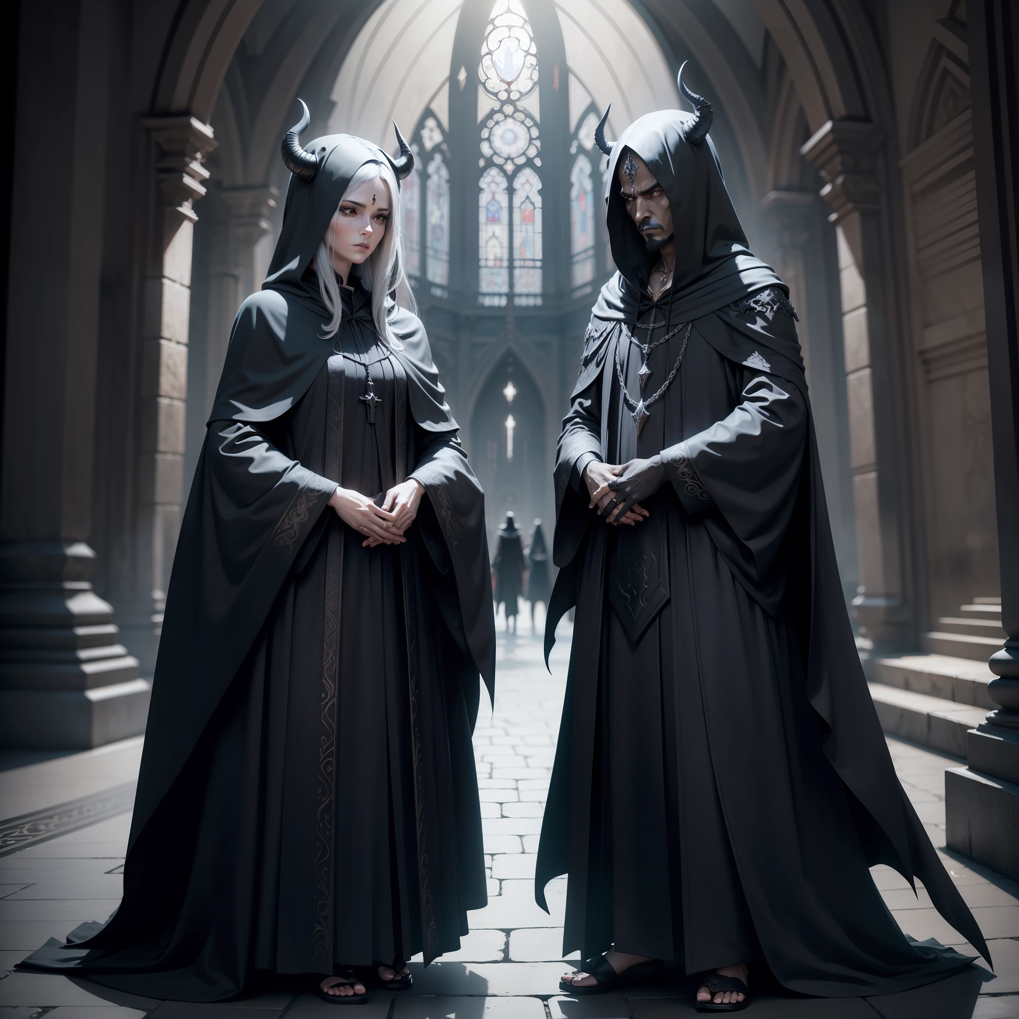 Human-looking demon ornate black robes , standingn, sinistro, realista, 4k