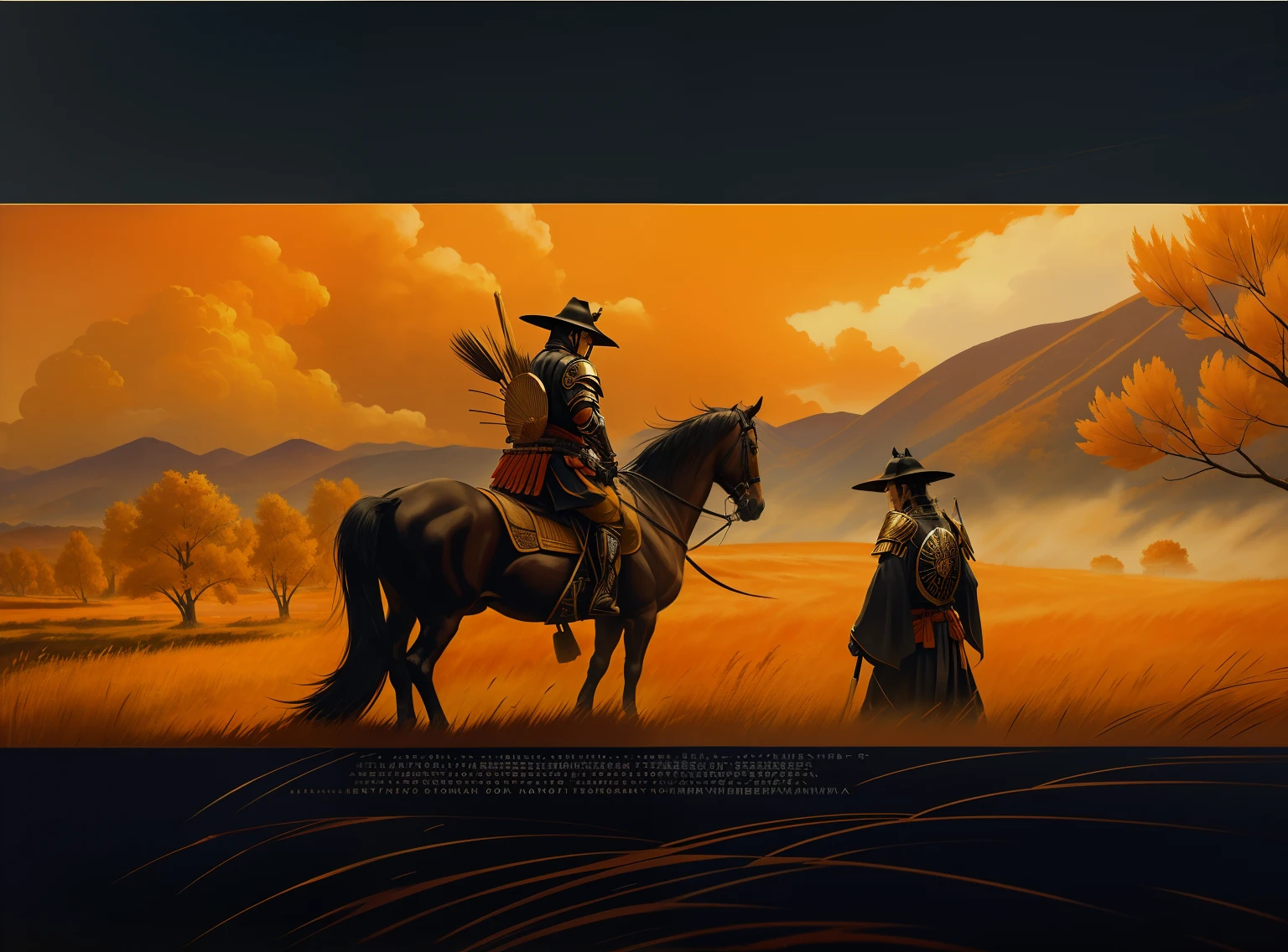 Opening Scene, Ghost of Tsushima, Akira Kurosawa, extreme long distance shot, black armor, Japanese Samurai black hair, rides a small black war horse across open immersive pampas grass fields, dawn, yellow golden leaves, red, orange of autumn, pampas grass, lakes, rivers, billowing clouds over a blustery autumn day, mist dark horizon, areas of clearing, in open fields 24k resolution hyper detail photo realism ink and oil paint in the style of Jason Connell.