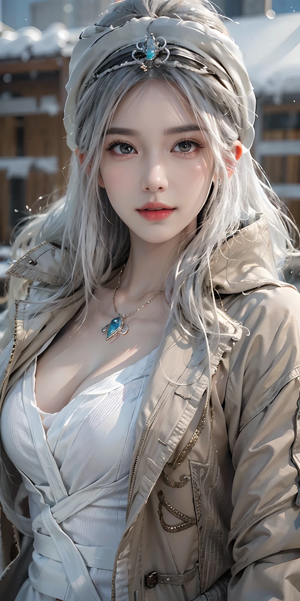 a close up of a person with white hair and a sword, white haired deity, with white long hair, with long white hair, artwork in the style of guweiz, white haired, guweiz, handsome guy in demon slayer art, beautiful character painting, by Yang J, white-haired, guweiz on pixiv artstation, anime character,purple clothing,snow,C-cup breasts,in the palace